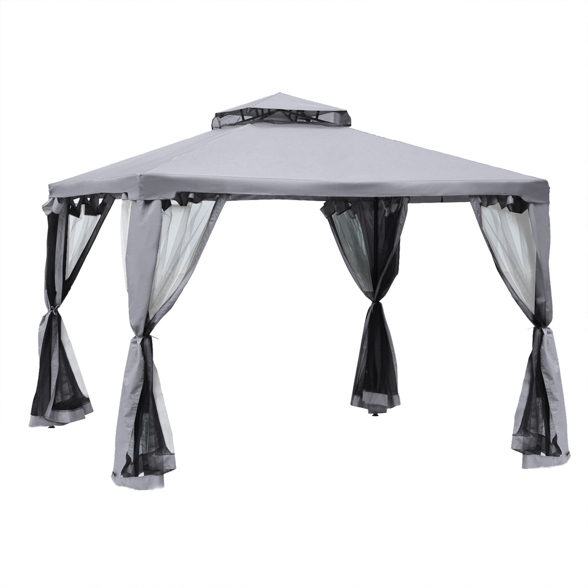 Outsunny Pavillon mit Doppeldach, 3x2 m Wasserdicht Stabil Winterfest Gartenpavillon mit Moskitonetz, Seitenteile, Garten-Pavillon aus Metall, für Garten, Terrasse, Hellgrau