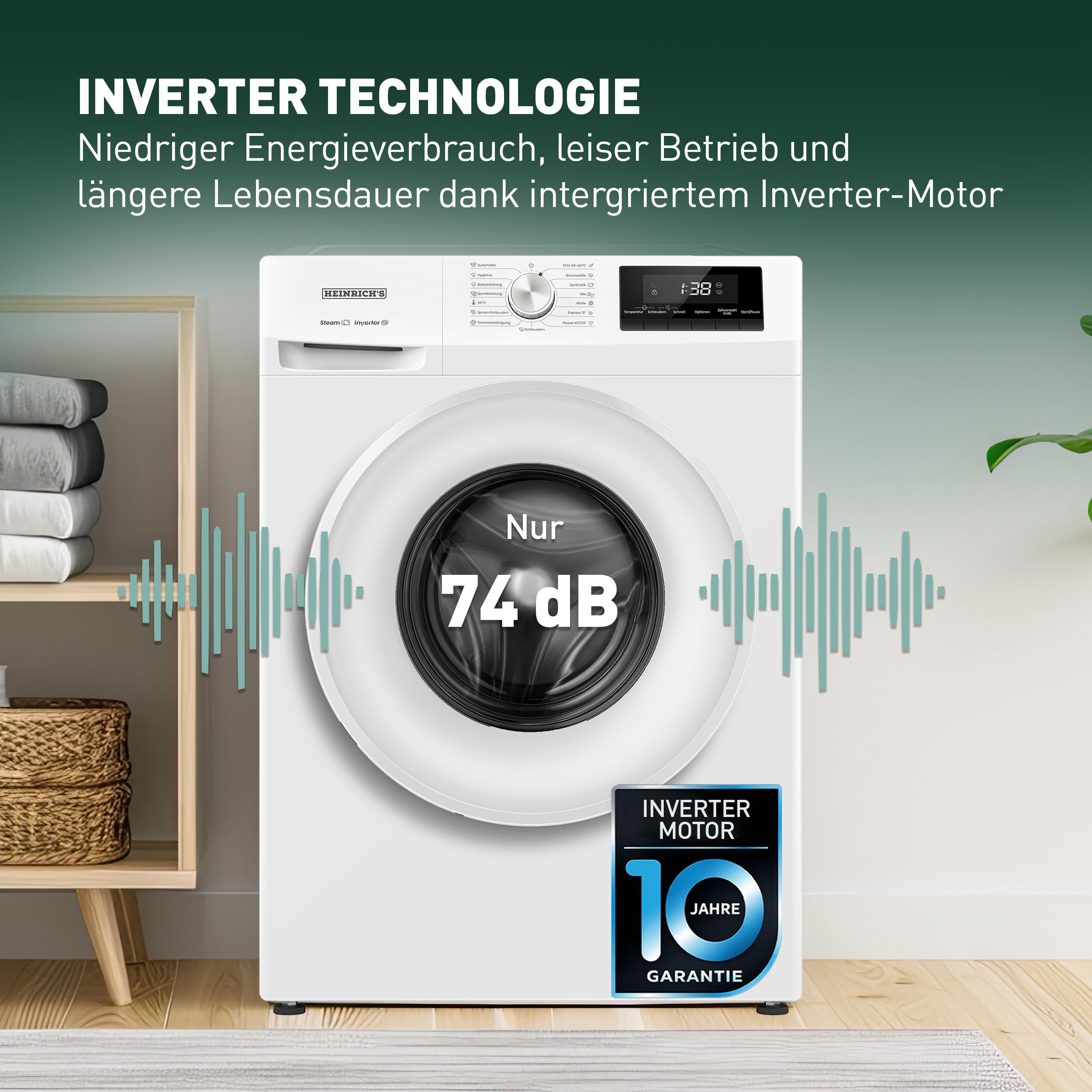 Waschmaschine 8 kg 1400 U/min 15 Programme AquaStop Inverter-Motor LED-Display Steam-Funktion Energieeffizienzklasse A Weiß