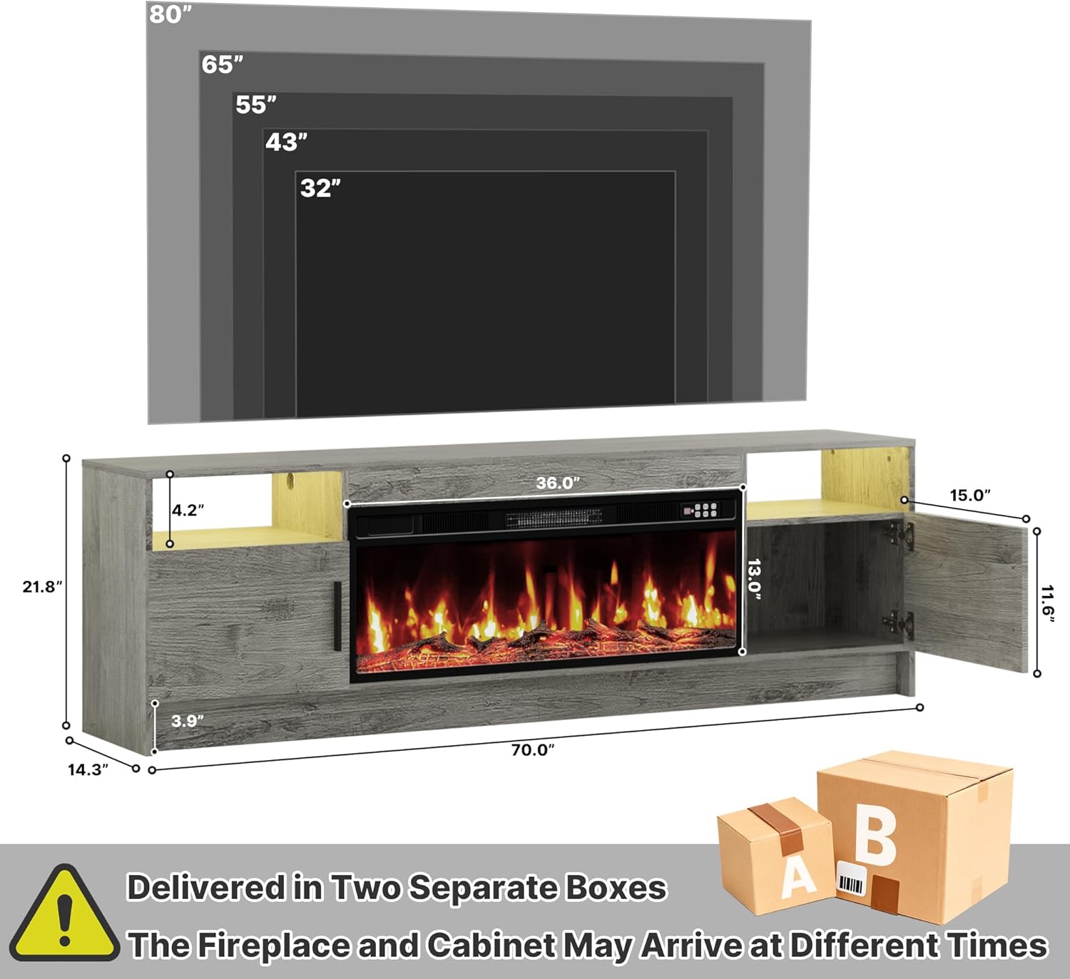 70 Inch Fireplace TV Stand for Living Room with 36