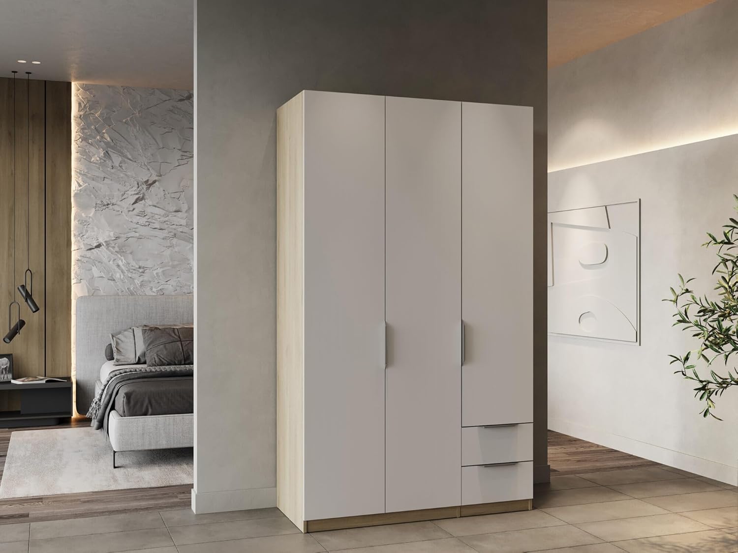 Demeyere 391382 Modern Wardrobe with 3 Doors and 2 Drawers 4 Niches, Kronberg Oak and Matt White, 119.4 x 51 x 203 cm, Engineered Wood, Grey