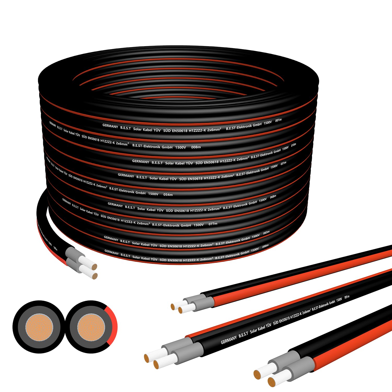 Solarkabel Duplex 6 mm² Kupfer 1000 V 50 m Schwarz Rot Mehrstrangkabel flexibel UV-beständig witterungsbeständig für Photovoltaikanlagen