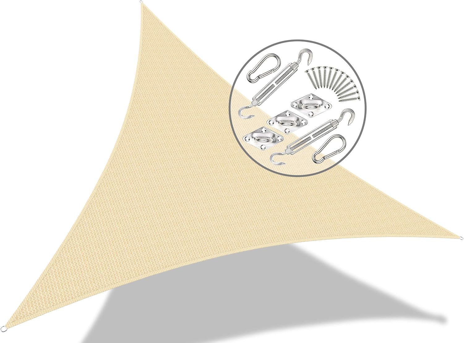 VOUNOT Outdoor Awning, 5 x 5 x 5 m, Triangular Shade Sail with Fixing Kit, Sail Awning, Breathable HDPE UV Protection, for Garden, Balcony, Patio, Ivory