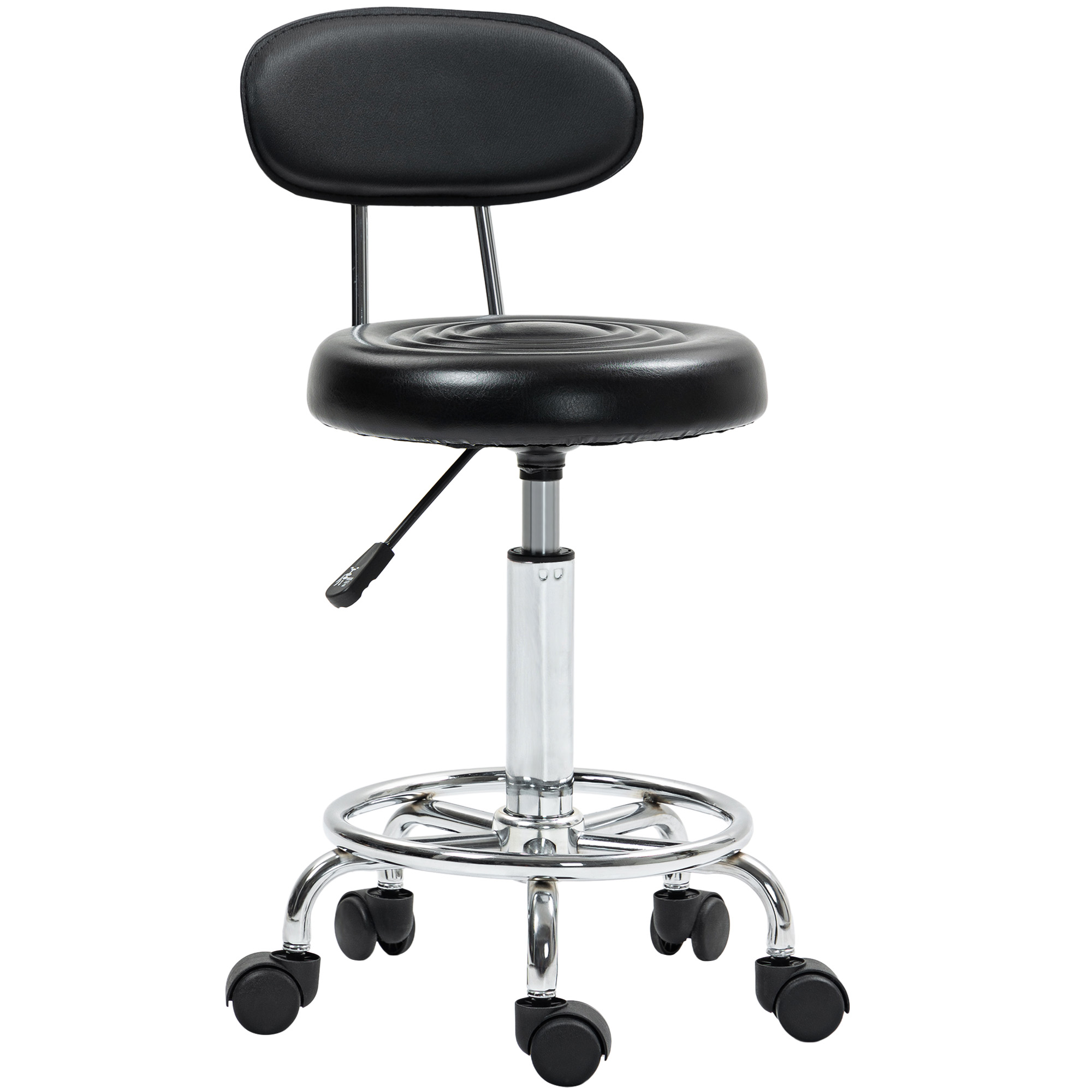 HOMCOM Rollhocker, Drehbarer und verstellbarer Hocker mit Rückenlehne, Kunstlederbezug, Fußstütze, für Frisiertische, Schwarz