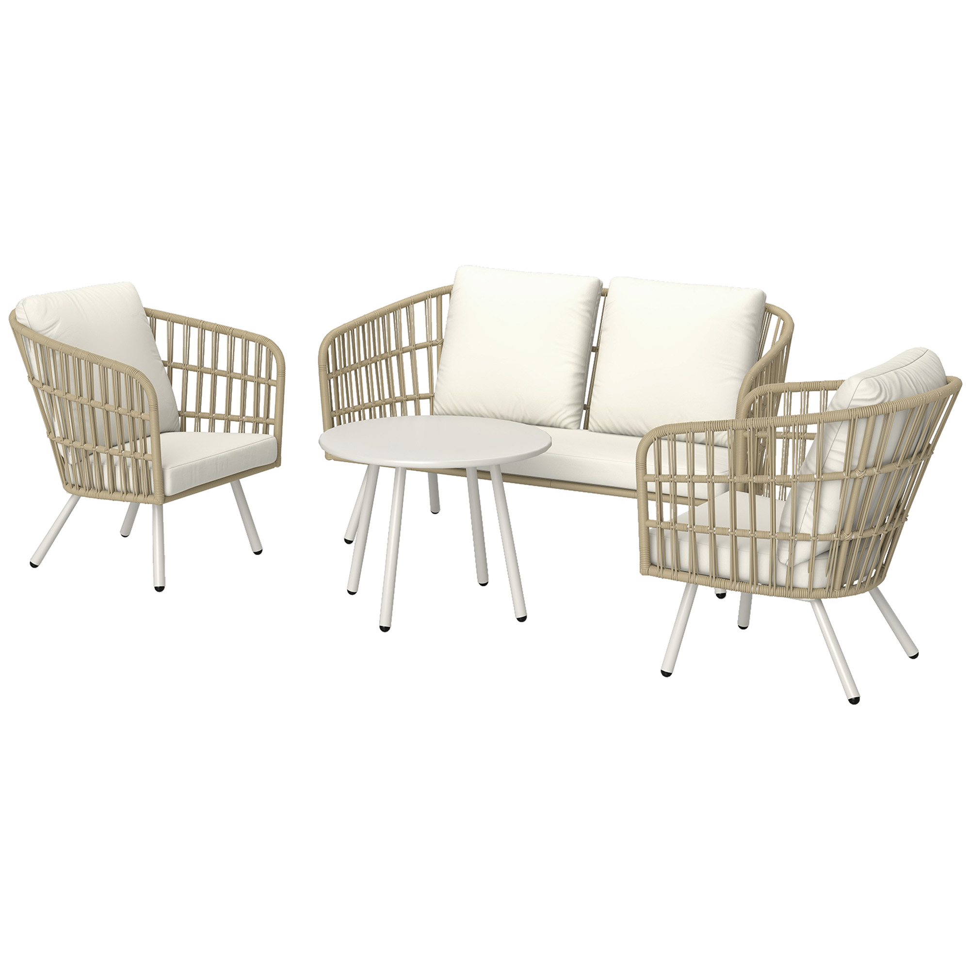 Outsunny Polyrattan Tuinmeubelset Lounge-Set met 2-zitsbank, Fauteuils, Tafel & Kussens Weerbestendig voor 4 Personen Khaki