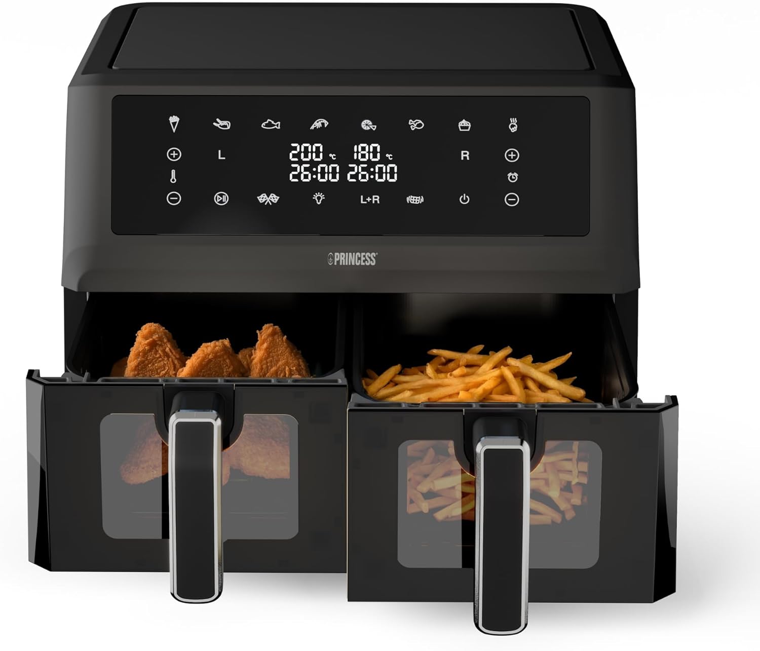 Princess XXL Friggitrice senza olio con doppio cestello - 11 L - Senza BPA e PFAS - Fine cottura sincronizzato - 8 programmi - Finestra di visualizzazione - 2400 W - 2x5,5 L - 182276