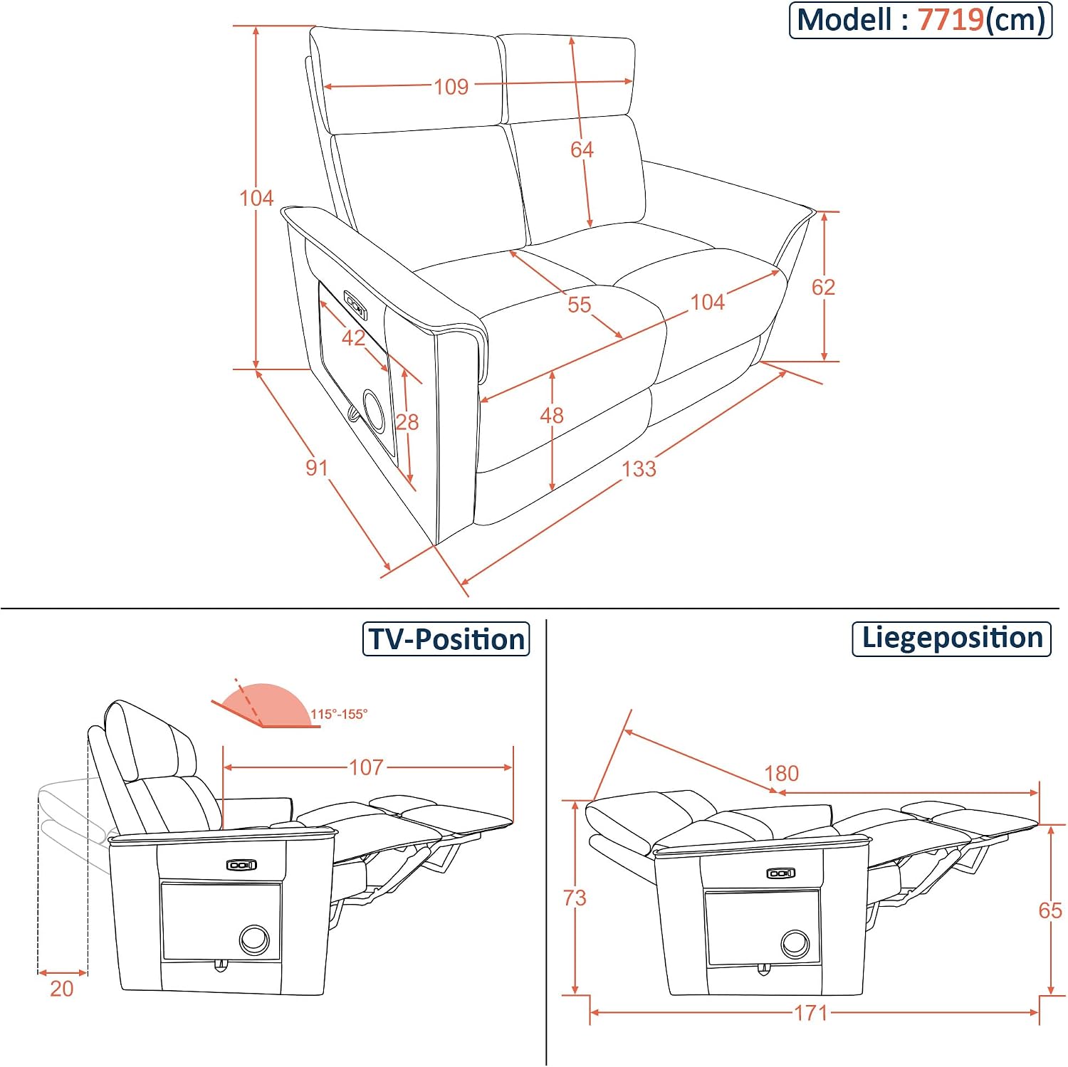 MCombo M Poltrona TV 2 posti elettrica, regolabile in posizione zero-gravity 155°, con tavolino laterale nascosto, funzione relax e cuscino in schiuma piena 35D, 7719M1 (Grigio Scuro)