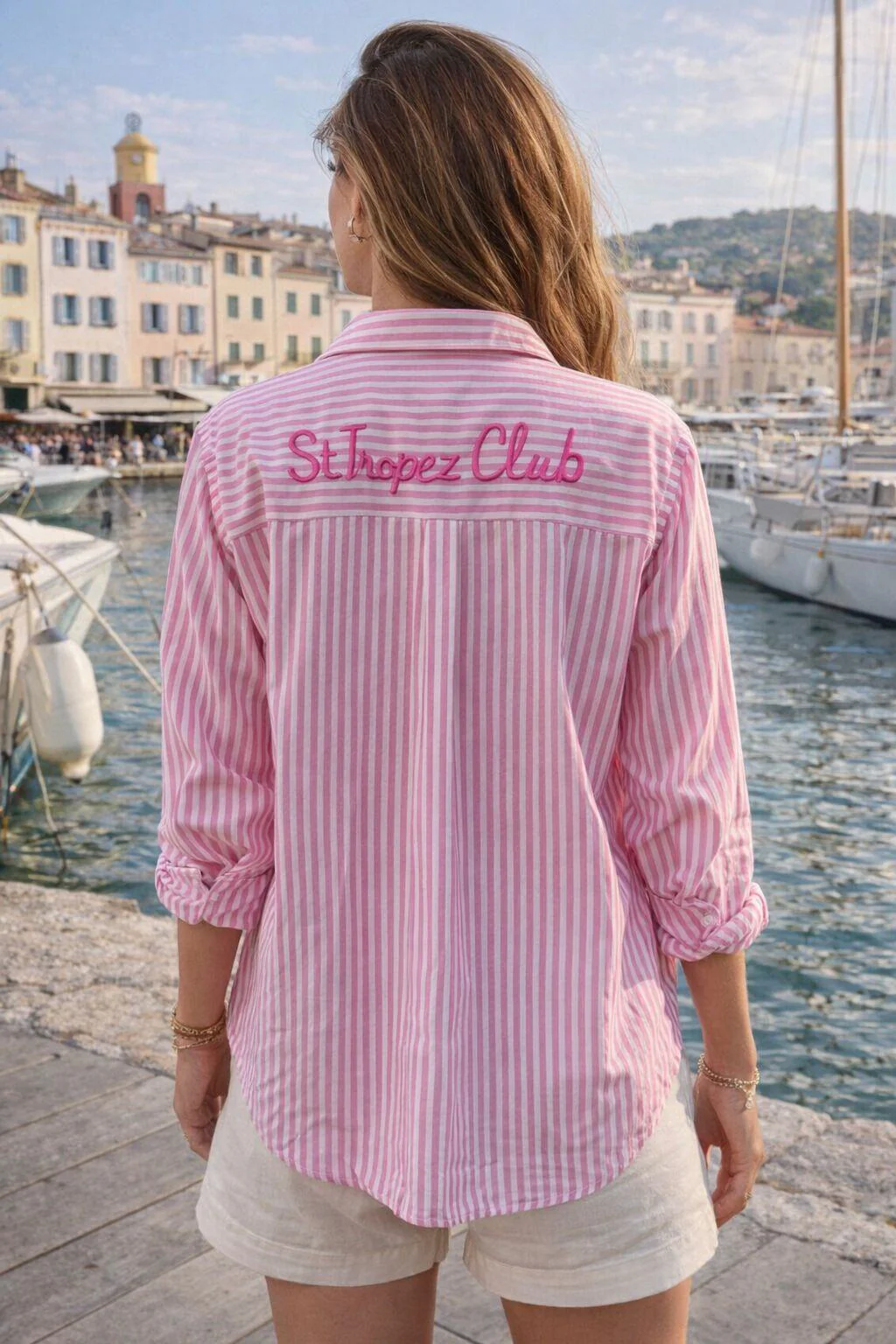 St. Tropez Club Striped Shirt �C Pink | Women's Luxury Cotton Top