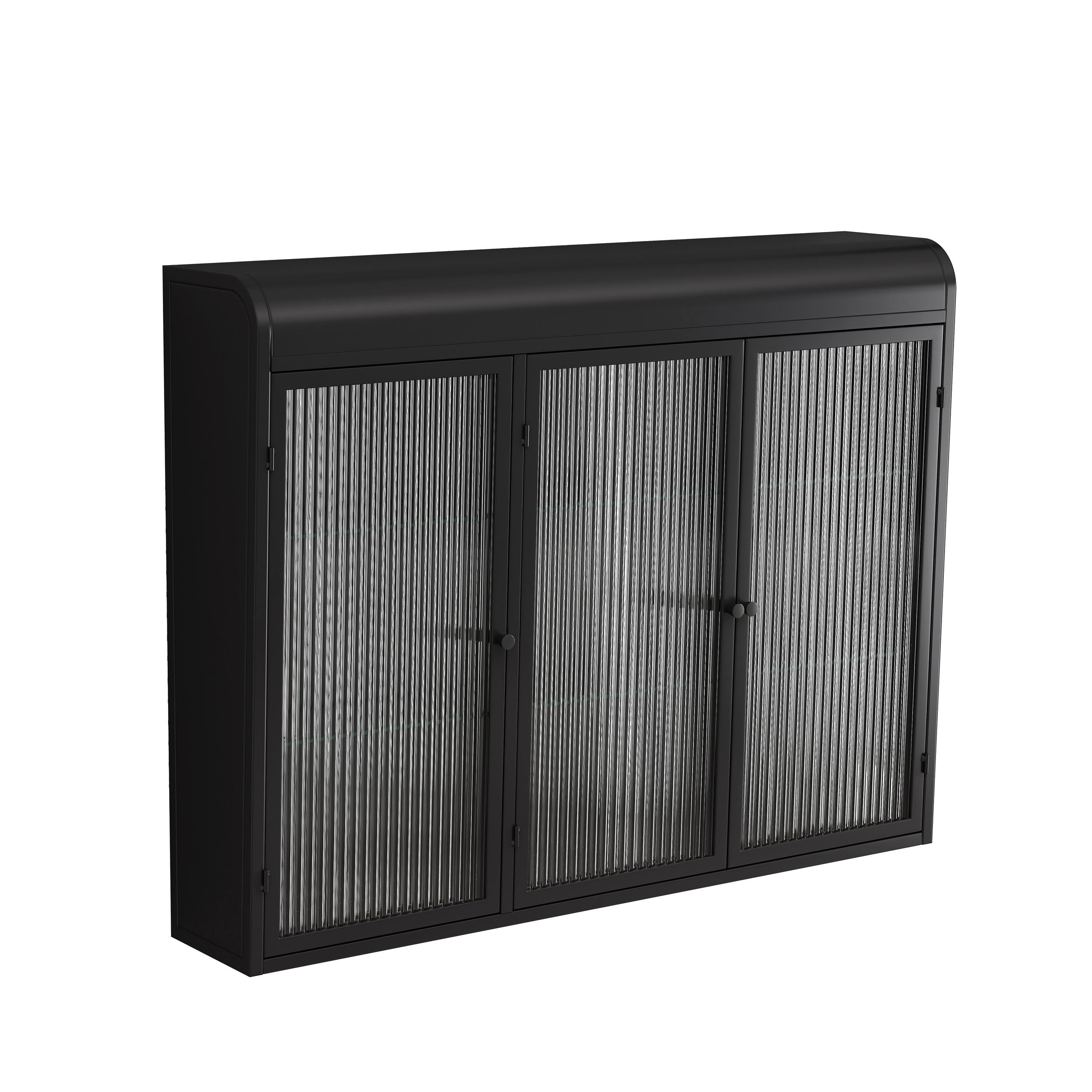 3-türiger Wandmontierter Glasschrank mit Gewölbtem Design, Vielseitiger Stauraum, 90×20×70 cm, Schwarz