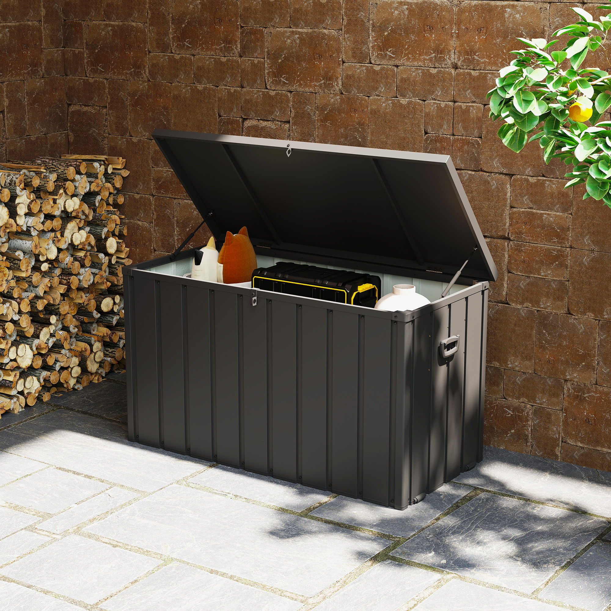 Outsunny Aufbewahrungsbox, Gartentruhe, 450L Stauraum, 2 Räder, Stahlrahmen, 125x61x70 cm, Dunkelgrau