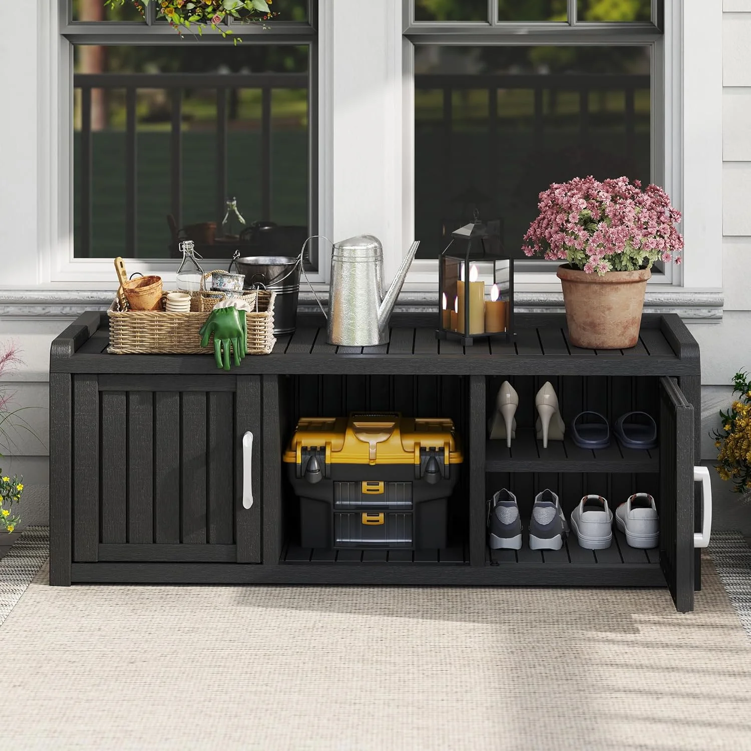 KAMABOKO Outdoor Shoe Storage Cabinet, Waterproof UV-Resistant Entryway Storage Bench Indoor Outdoor with 2 Barn Doors, Adjustable Shelves for Entryway, Bedroom, Hallway,Living Room(Black)