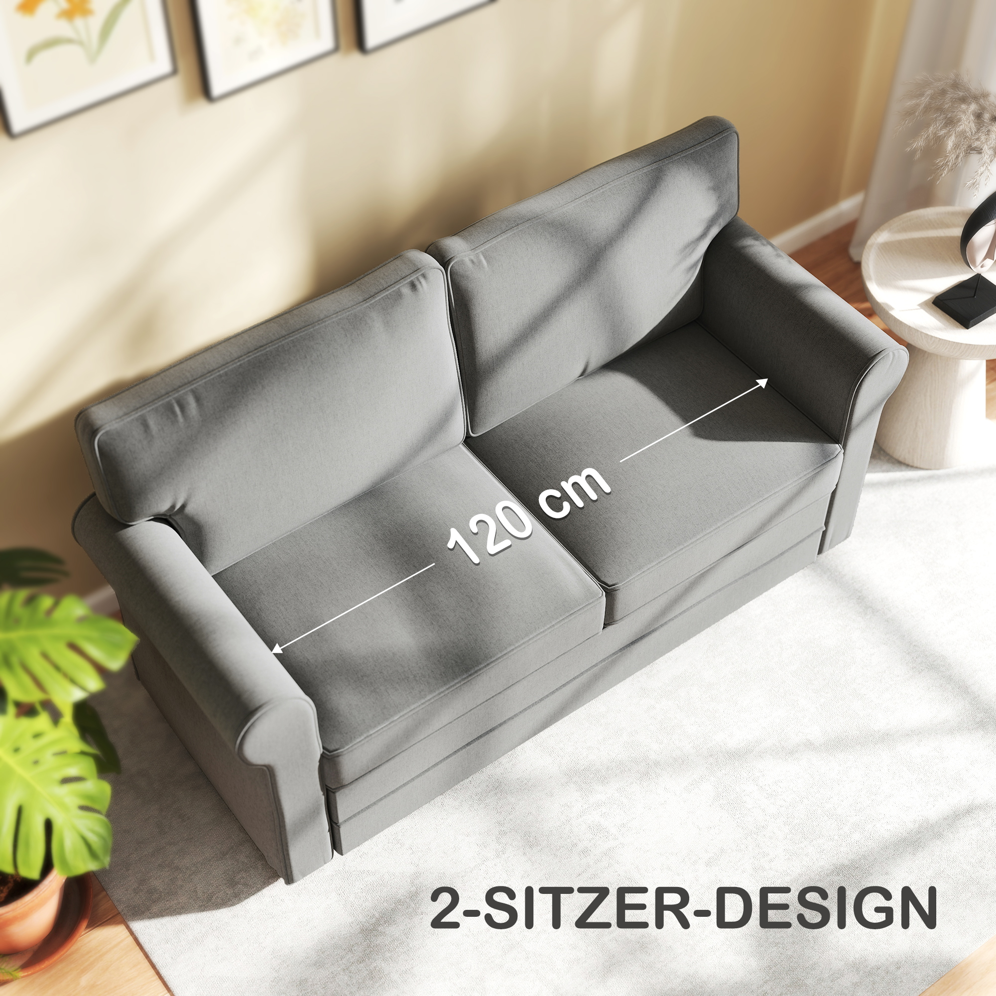 2-zitsbank, Compacte Woonkamerbank, Stof in Linnenlook, Zachte Zitkussens, Stalen Frame, Donkergrijs