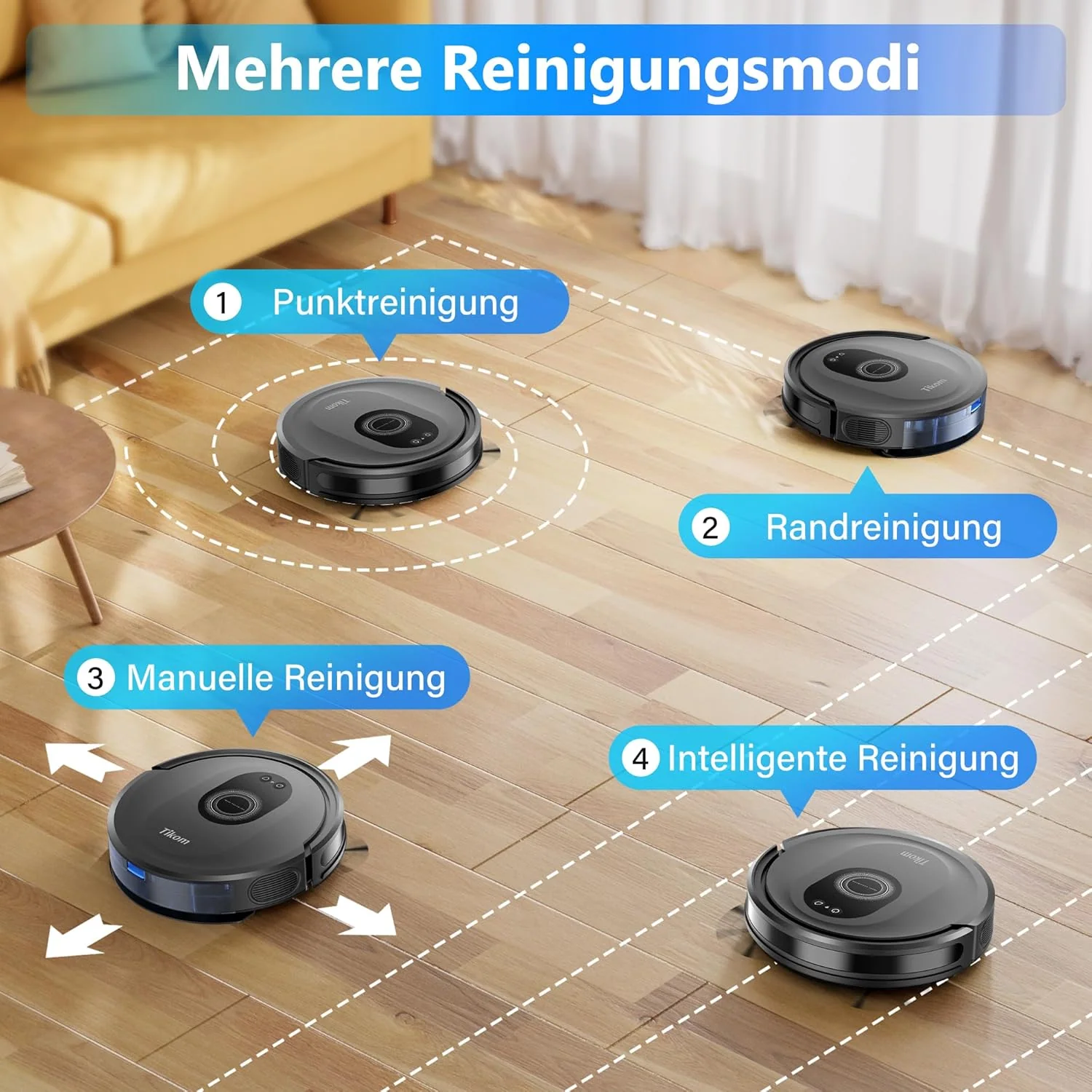 Tikom Saugroboter mit Wischfunktion 2 in 1, G8000 Max Staubsauger Roboter, 5000Pa Starke Saugkraft Roboterstaubsauger, Selbstaufladend, WLAN, 150Mins Max, Ideal für Tierhaare, Teppich, Hartboden
