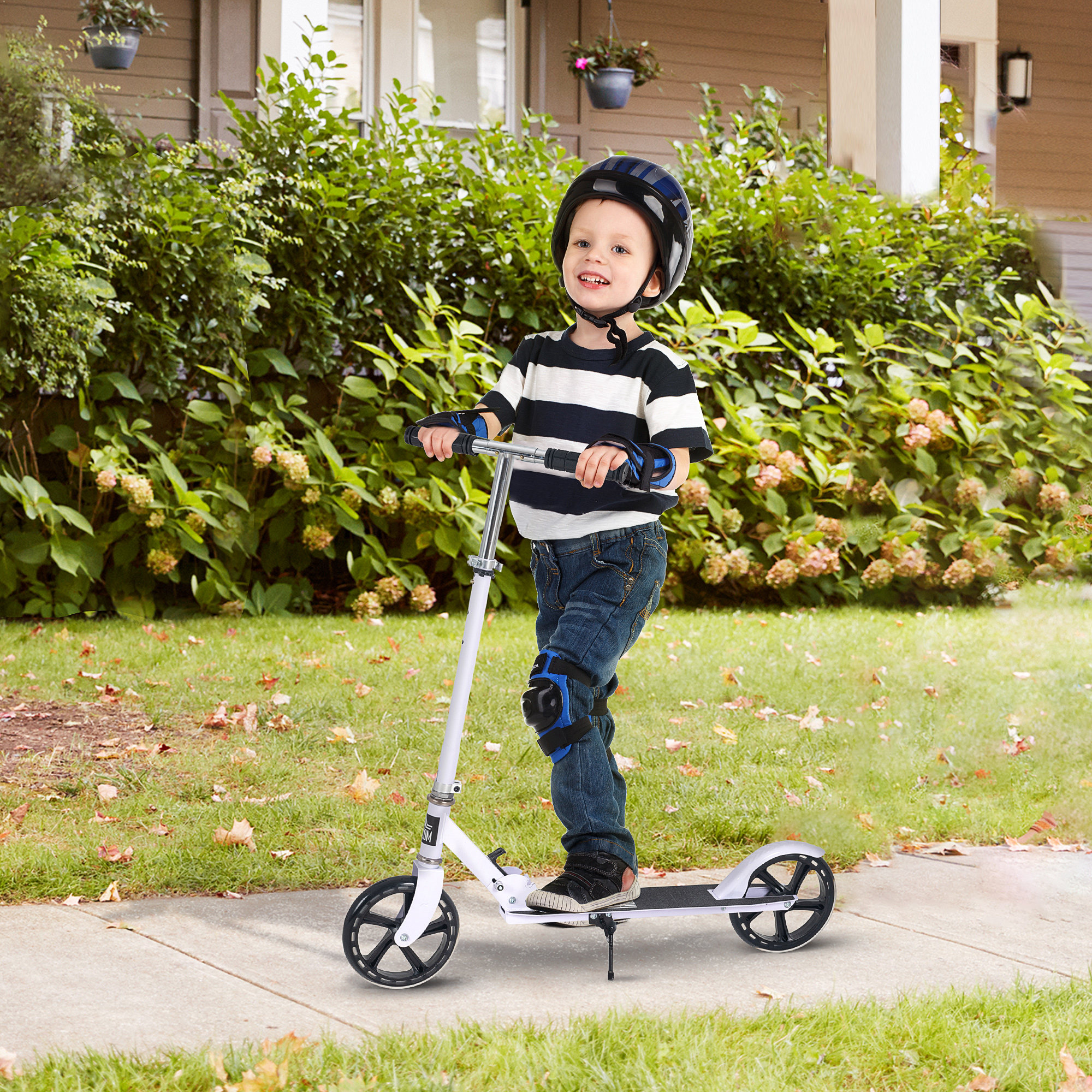 HOMCOM Kinderroller Klappbar Höhenverstellbarer Lenker in 4 Stufen hintere Reibungsbremse für Kinder Jugendliche max. 100KG Abmessungen 88L x 37B x 75-100H cm Weiß