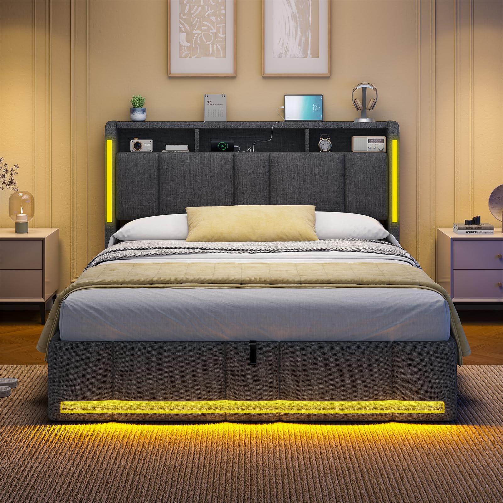 Polsterbett 140x200 cm mit Bettkasten LED-Beleuchtung USB-Anschlüssen und hydraulischem Stauraum Dunkelgrau