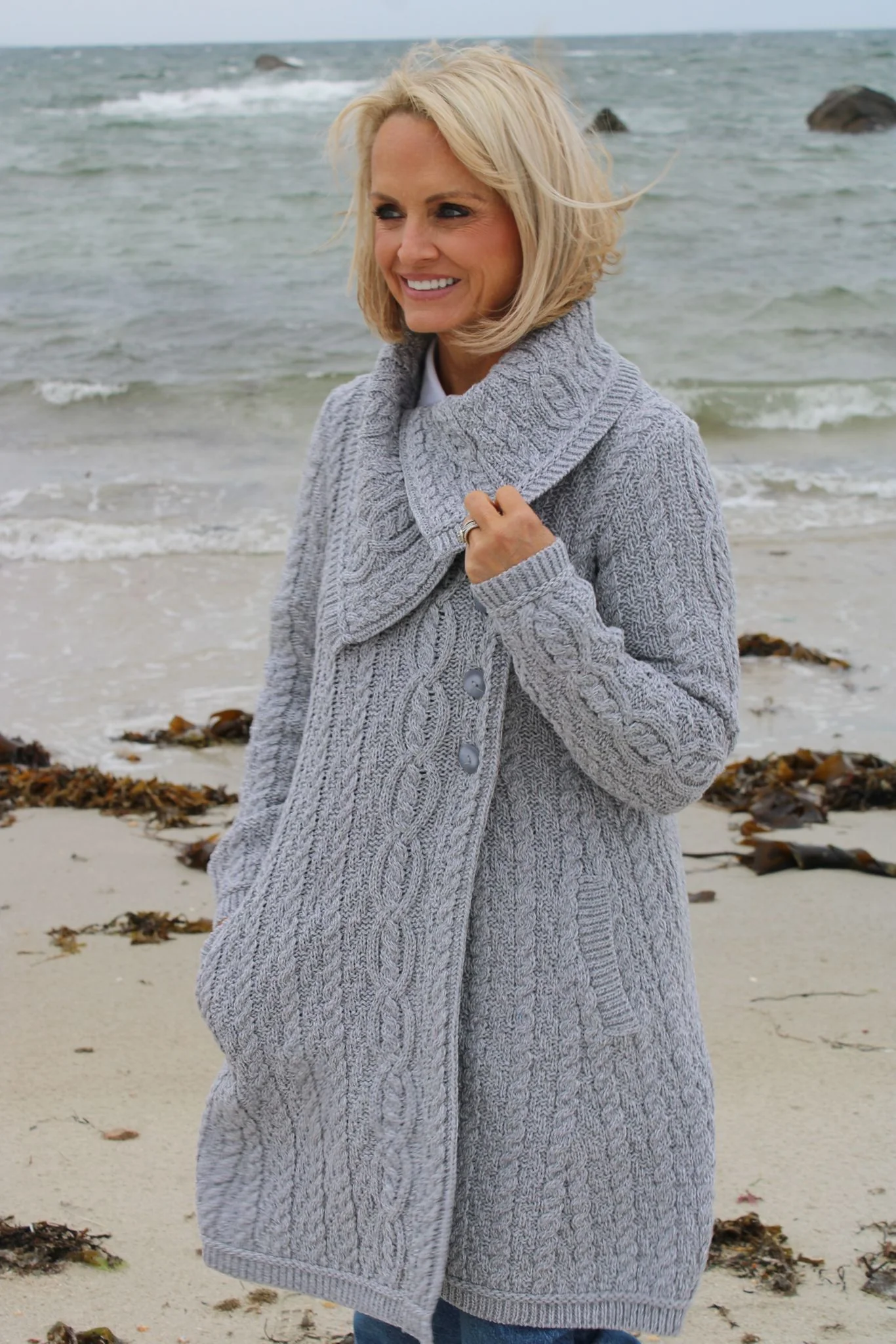 Chunky Collar Coat With Buttons , Soft Grey