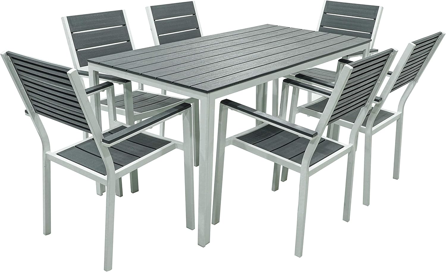Table Set with Garden Chairs Complete Table with 6 Outdoor Armchairs White Metal Frame and Slats in HPDE Grey Teak Effect