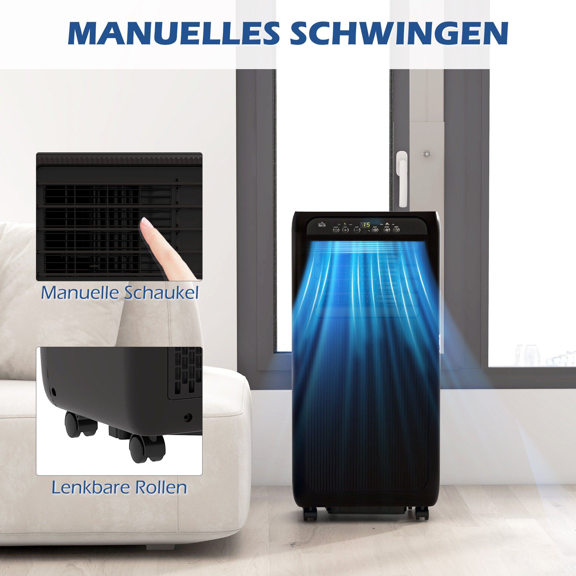 Mobiele Airconditioner Mini Airco, 24-uurs Timer, 3 Snelheden, 33 x 28 x 68,5 cm, Zwart