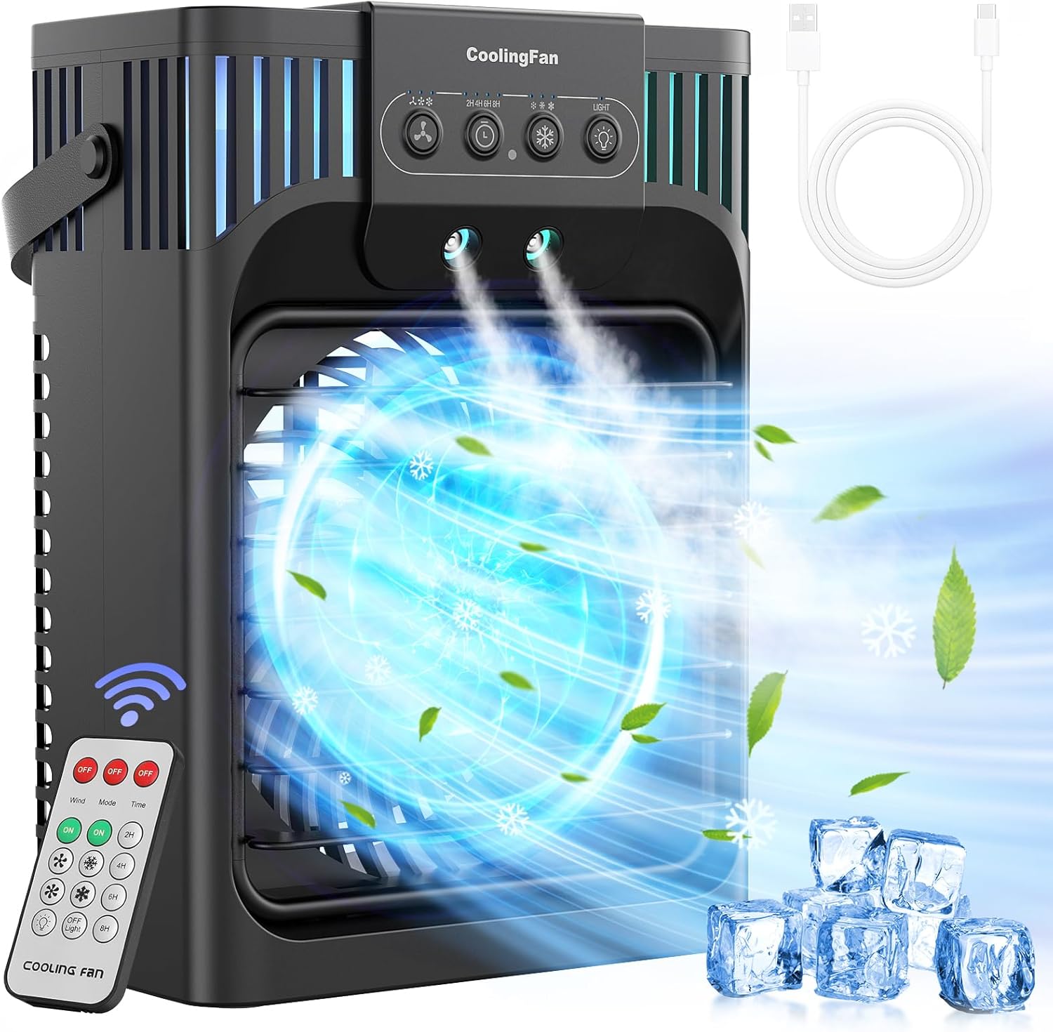 FethFire Portable Quiet Air Conditioner with Remote Control, 1200 ml Air Cooler with 3 Speeds, 3 Fog Modes, 2-8H Timer and 7 LEDs, 10 W Mini Portable Air Conditioner for Room and Office