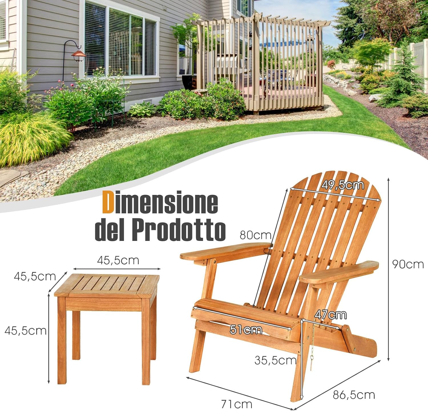 COSTWAY Adirondack 3 Piece Wooden Chairs and Side Table Set Folding Deck Chairs and Side Table with Slatted Design, Wooden Outdoor Furniture for Garden, Patio, Natural