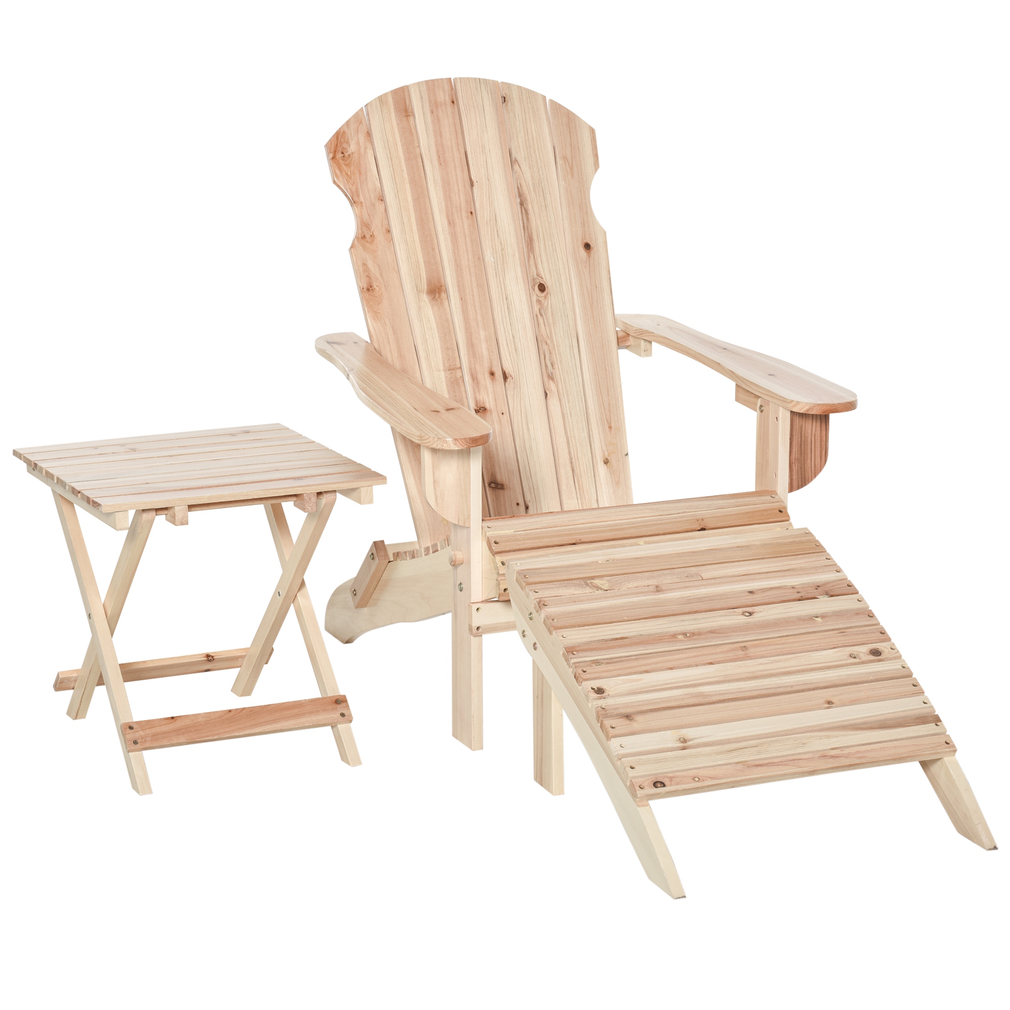 Outsunny Gartenstuhl Adirondack klappbar mit Fußhocker und Beistelltisch aus naturbelassenem Tannenholz