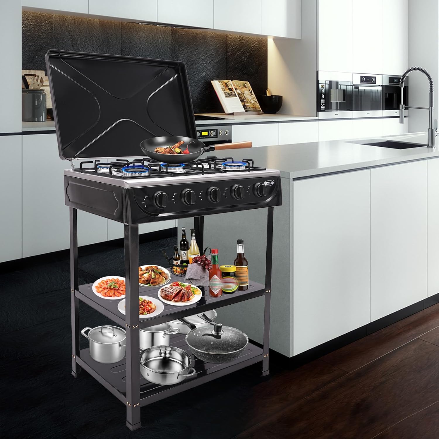 HarBin-Star Piano Cottura a Gas 5 Fuochi con Supporto Antiscivolo, Carrello per Barbecue con Coperchio, Fornello Indipendente da Campeggio, 61,5 x 42,5 x 82 cm (Nero)
