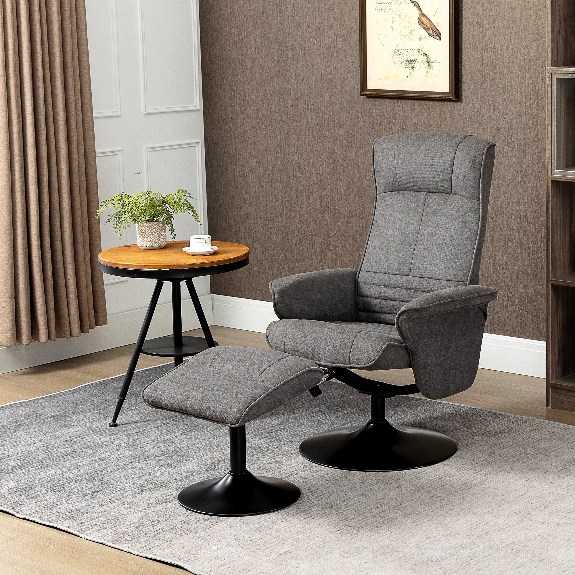 Relaxfauteuil met Voetenbankje, Verstelbare Rugleuning, 69 cm x 71 cm x 104 cm, Donkergrijs + Zwart