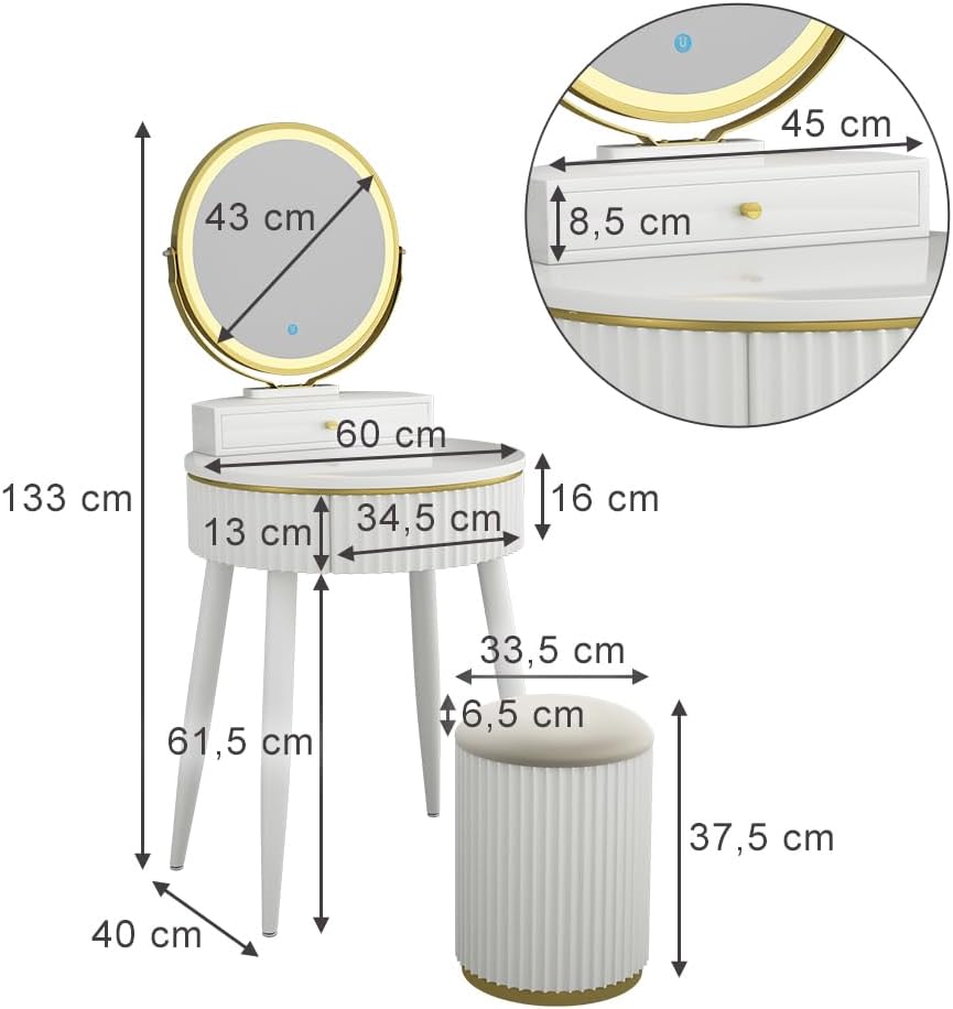 Vicco Gesa White 60 cm Dressing Table with LED Mirror in 3 Tone White Dimmable