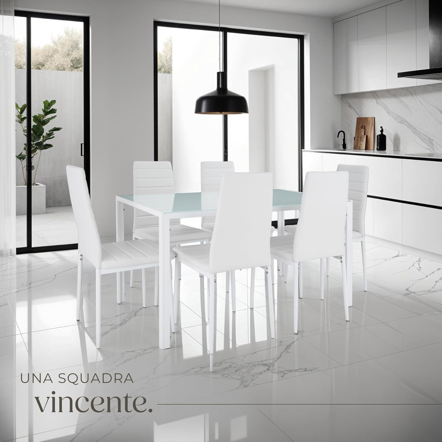 TecTake® Set di Mobili per Sala da Pranzo, 6 Sedie in Similpelle Resistente, Tavolo con Piano in Vetro, Design Moderno, Piedini SalvaPavimento, Ideale per Cucina e Soggiorno - Bianco