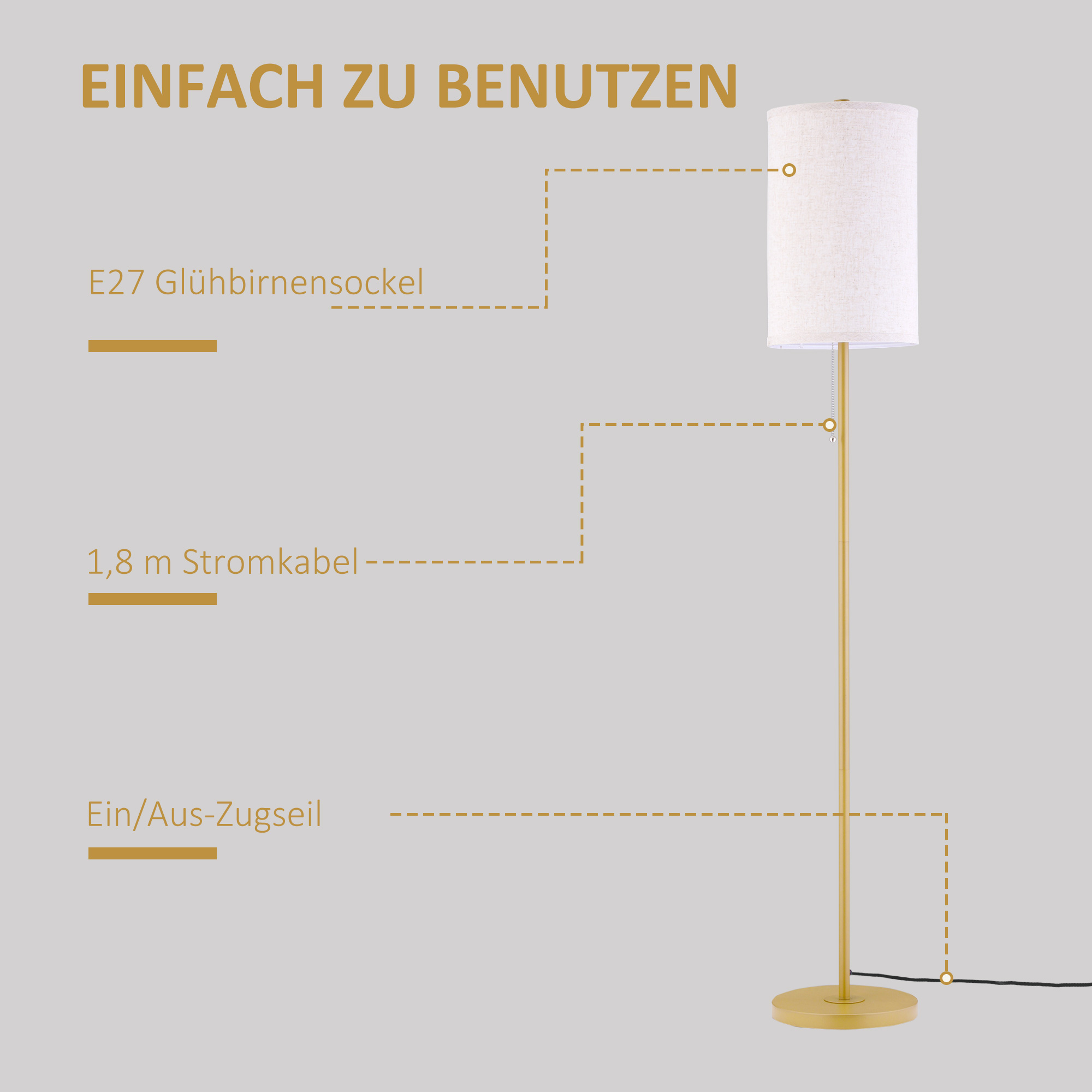 Staande Lamp, Elegante Staande Lamp van Staal met Stoffen Kap, Woonkamerlamp, Trekschakelaar, Goud+Wit
