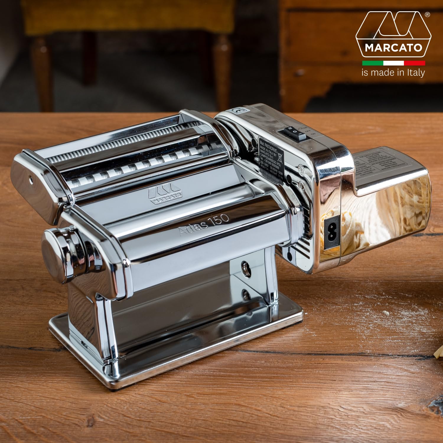 Marcato Atlasmotor 150 Elektrische Nudelmaschine mit Motor aus Edelstahl für Lasagne Fettuccine und Tagliolini