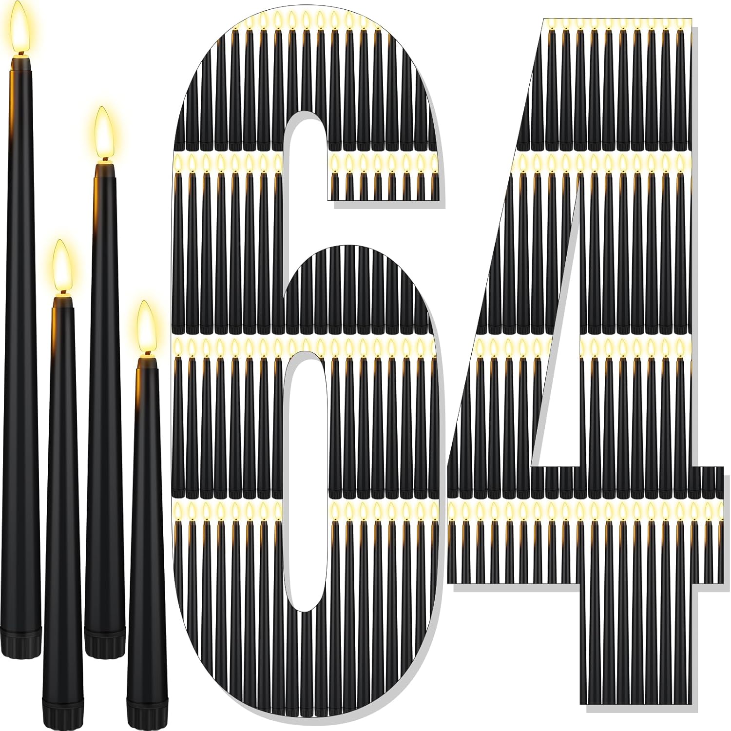 Flammenlose LED-Kerzen, batteriebetrieben, 4 Größen von 21,6 cm, 24 cm, 27,7 cm, 32,8 cm, flackernde Kerzen für Kirche, Hochzeit, Heimdekoration, Schwarz, 64 Stück