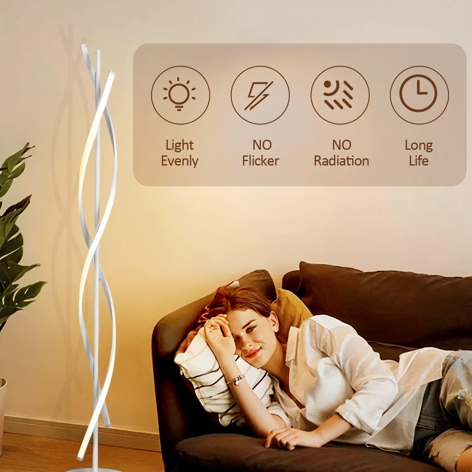 LED Living Room Floor Lamp, 52 W Floor Lamp Dimmable with Remote Control, 155 cm Modern Spiral Design Floor Lamp for Bedside Table Bedroom Office Reading (White)
