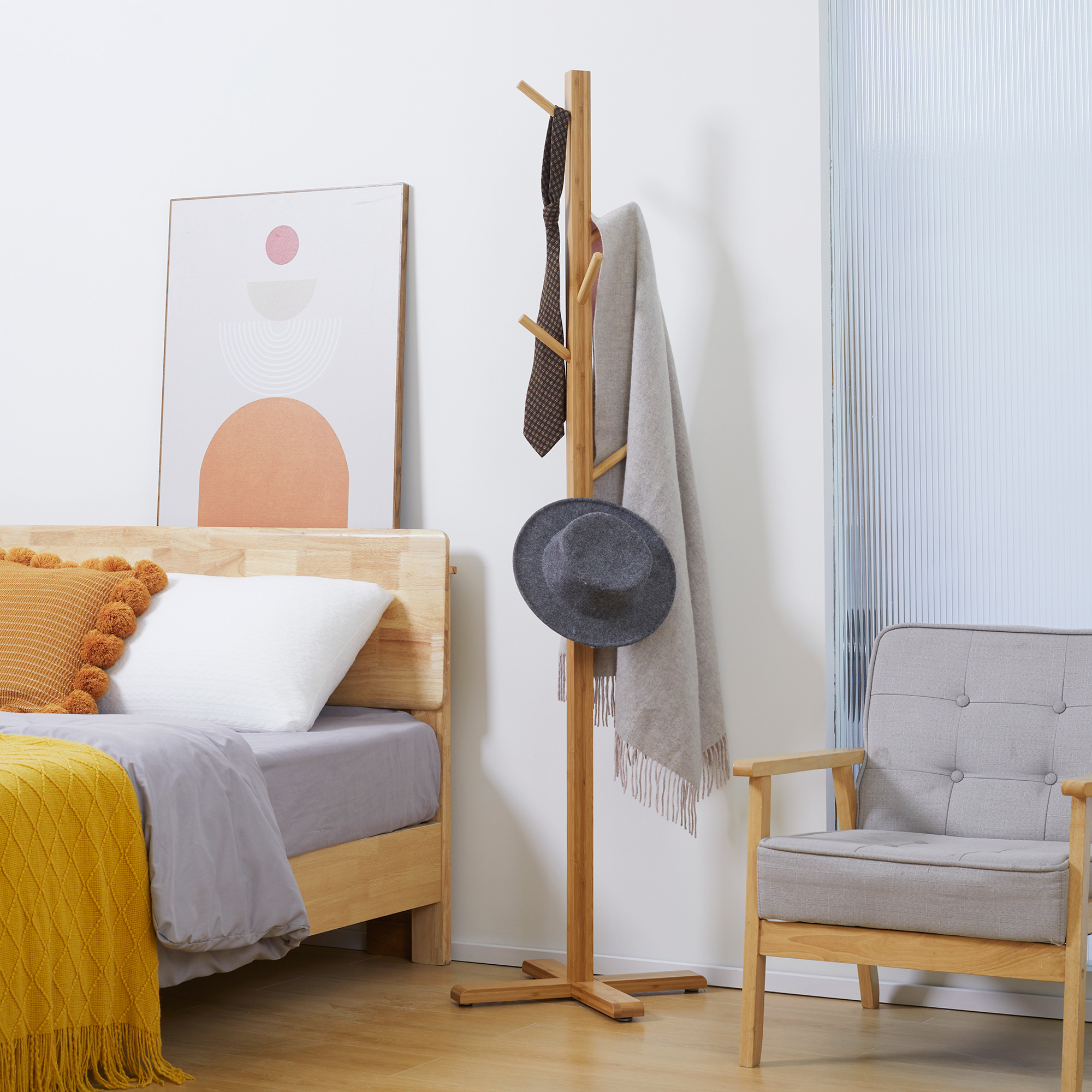 HOMCOM Garderobe Kleiderständer Hutständer, 8 Haken, 49,5 cm x 49,5 cm x 178 cm, Natur