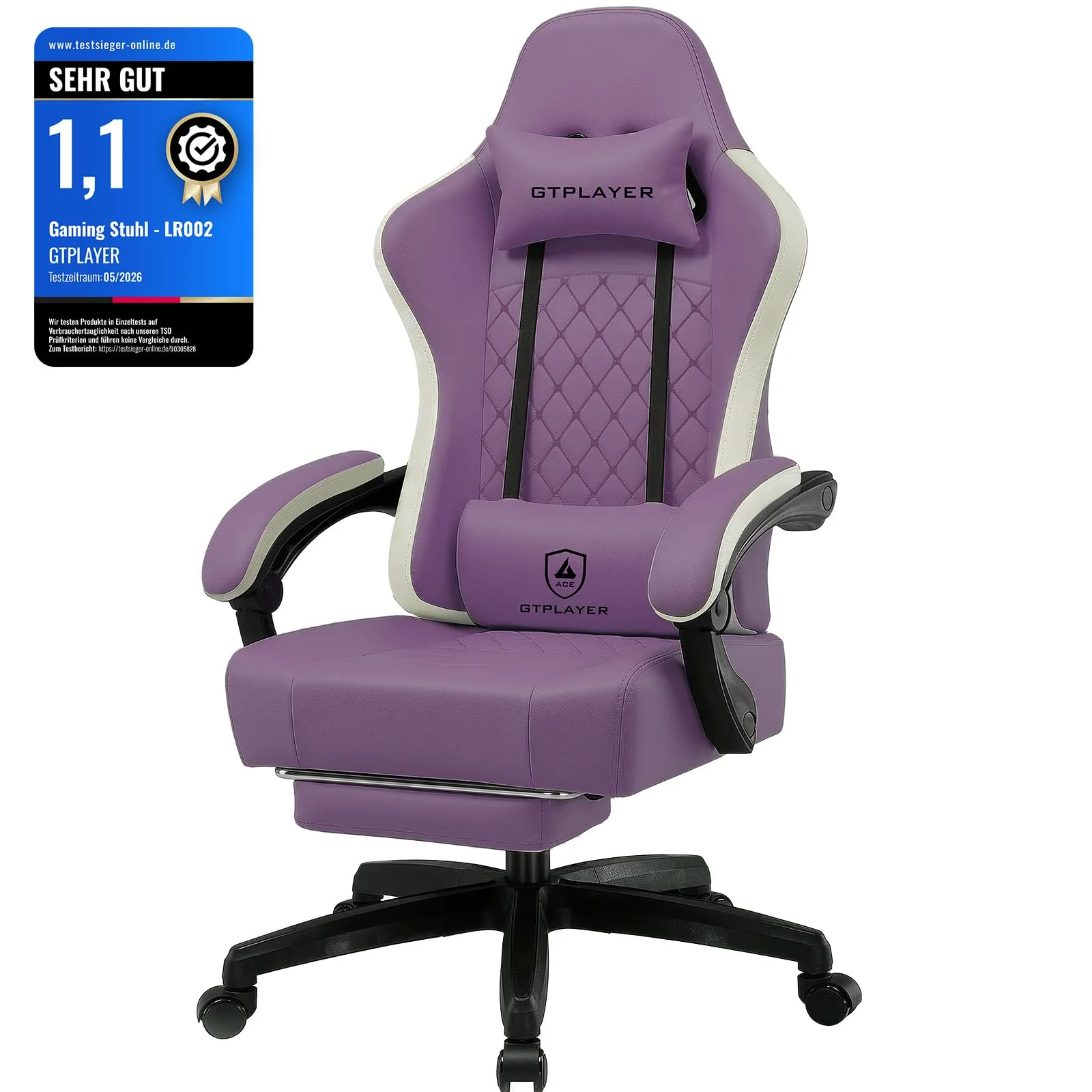 GTPLAYER Gamingstuhl mit Taschenfeder-Sitzkissen, Fußstütze und verstellbarer Rückenlehne