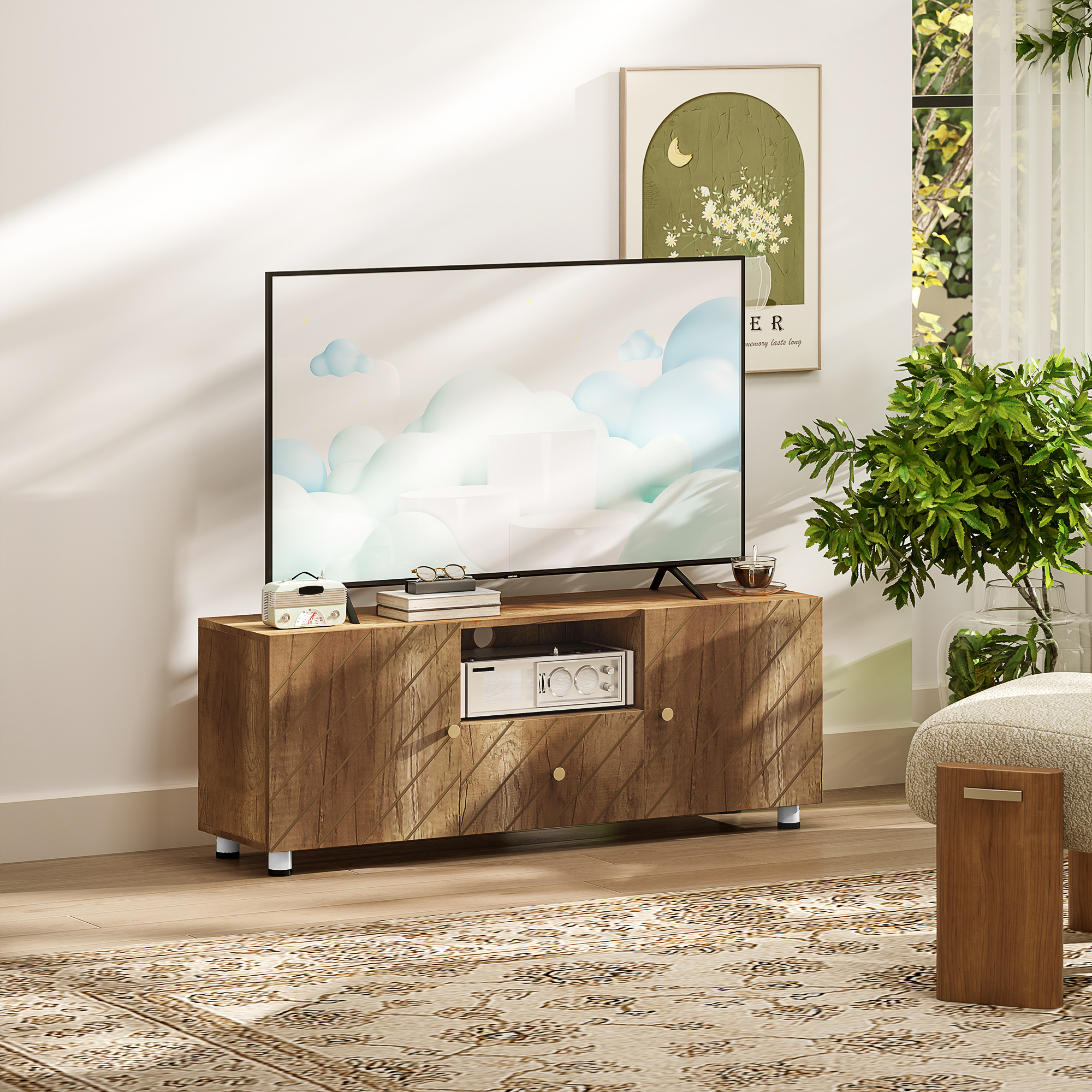 HOMCOM TV-Ständer TV-Bank für Fernseher bis zu 50 Zoll mit 2 Schränken und offenem Fach und Schublade, Naturholz