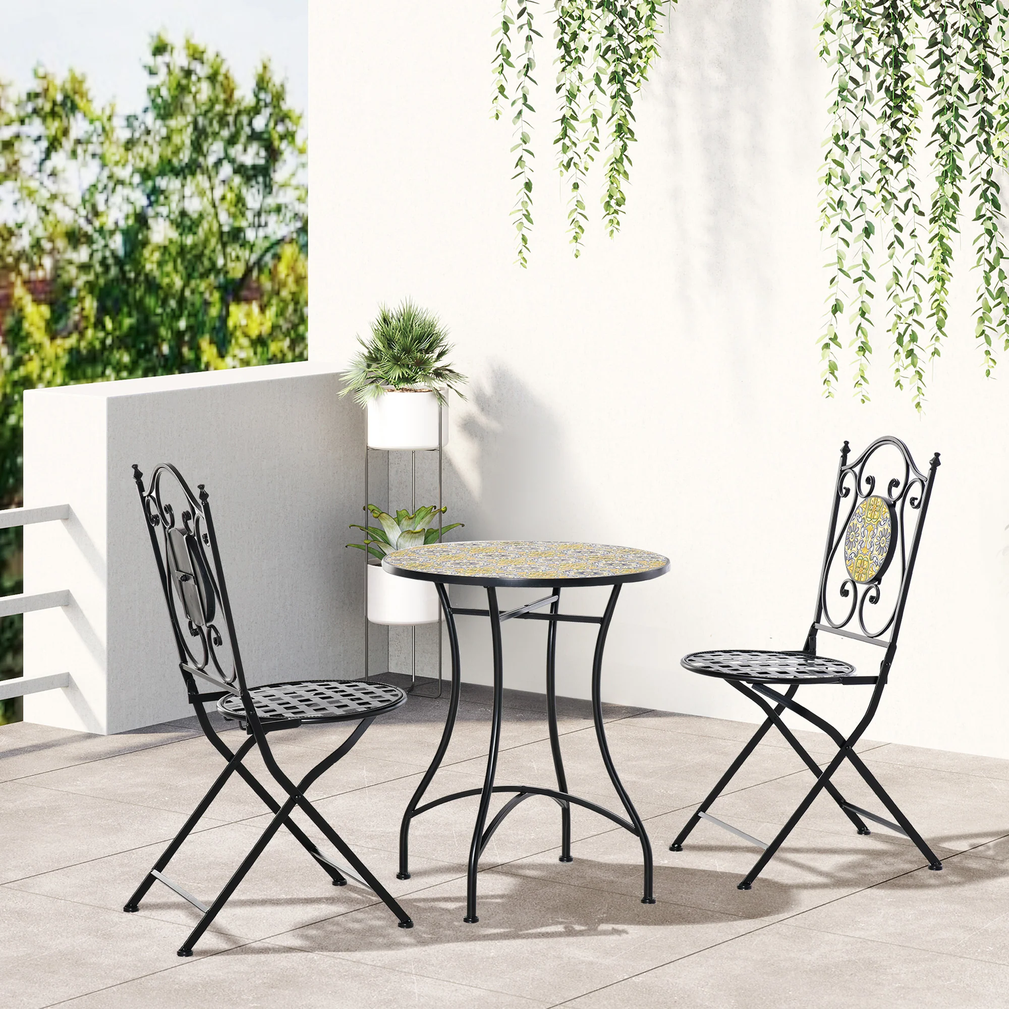 Easycomfort Set Tavolo e Sedie da Balcone 3 Pezzi, Set da Giardino Pieghevoli in Metallo con Maioliche Colorate, Multicolore