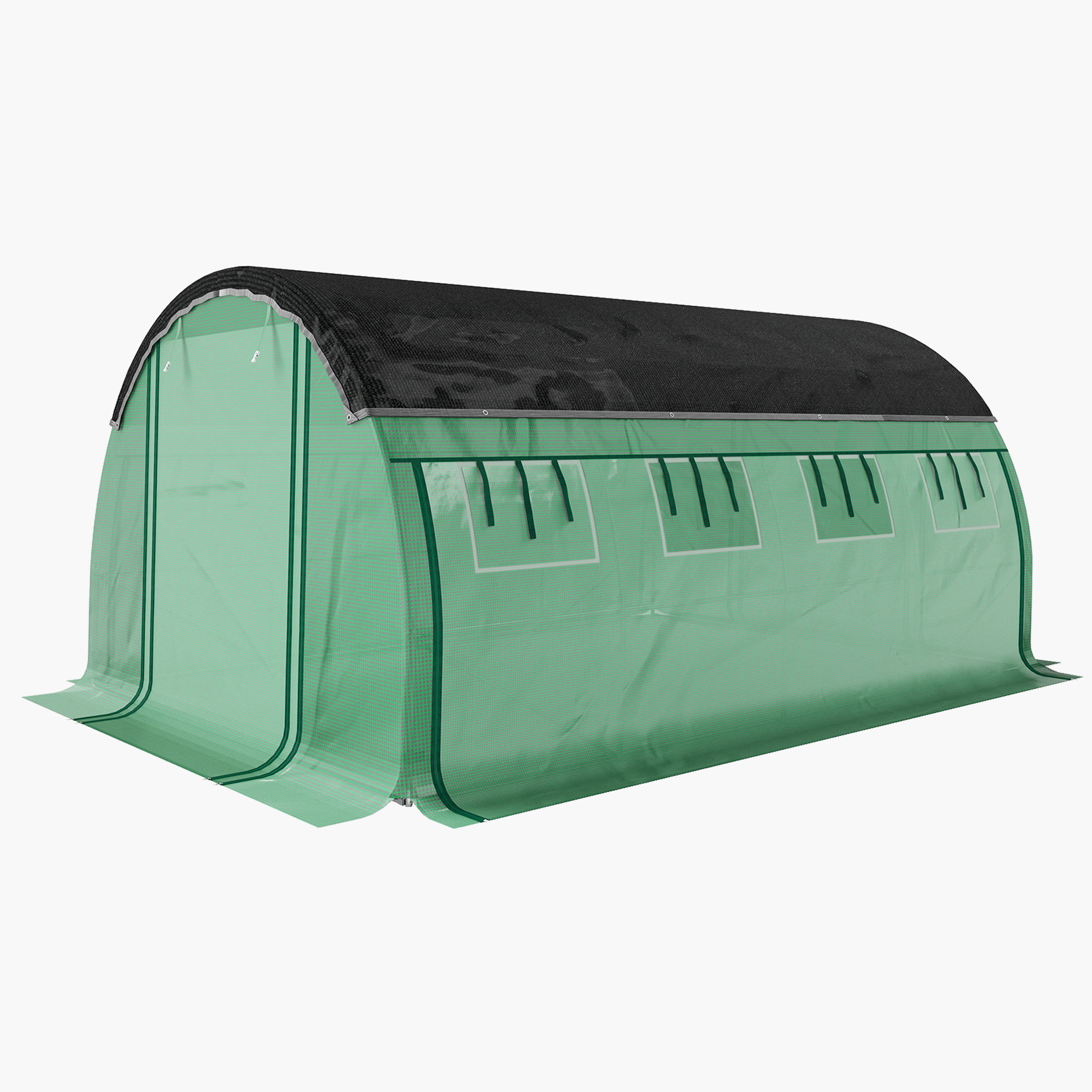 Outsunny 4 x 3 x 2 m Polytunnel-Gewächshaus mit Sonnenschutznetz, rollbaren Seitenwänden, Kunststoff-Abdeckung, Stahlrahmen, Grün