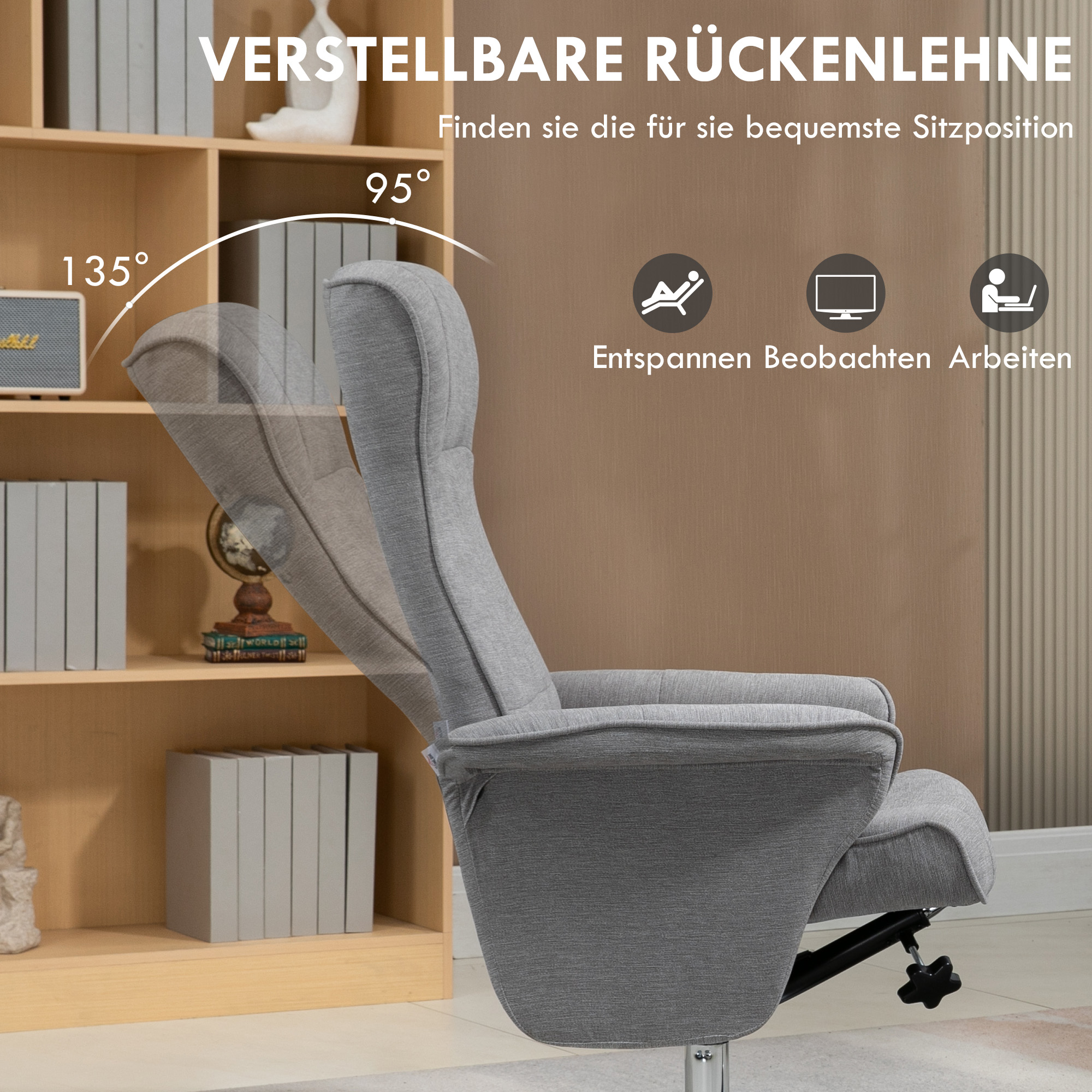 Relaxstoel met Voetenbank, Draaibaar, Kantelbare Rugleuning, Belastbaar tot 150 kg, 69 x 71 x 104 cm, Grijs
