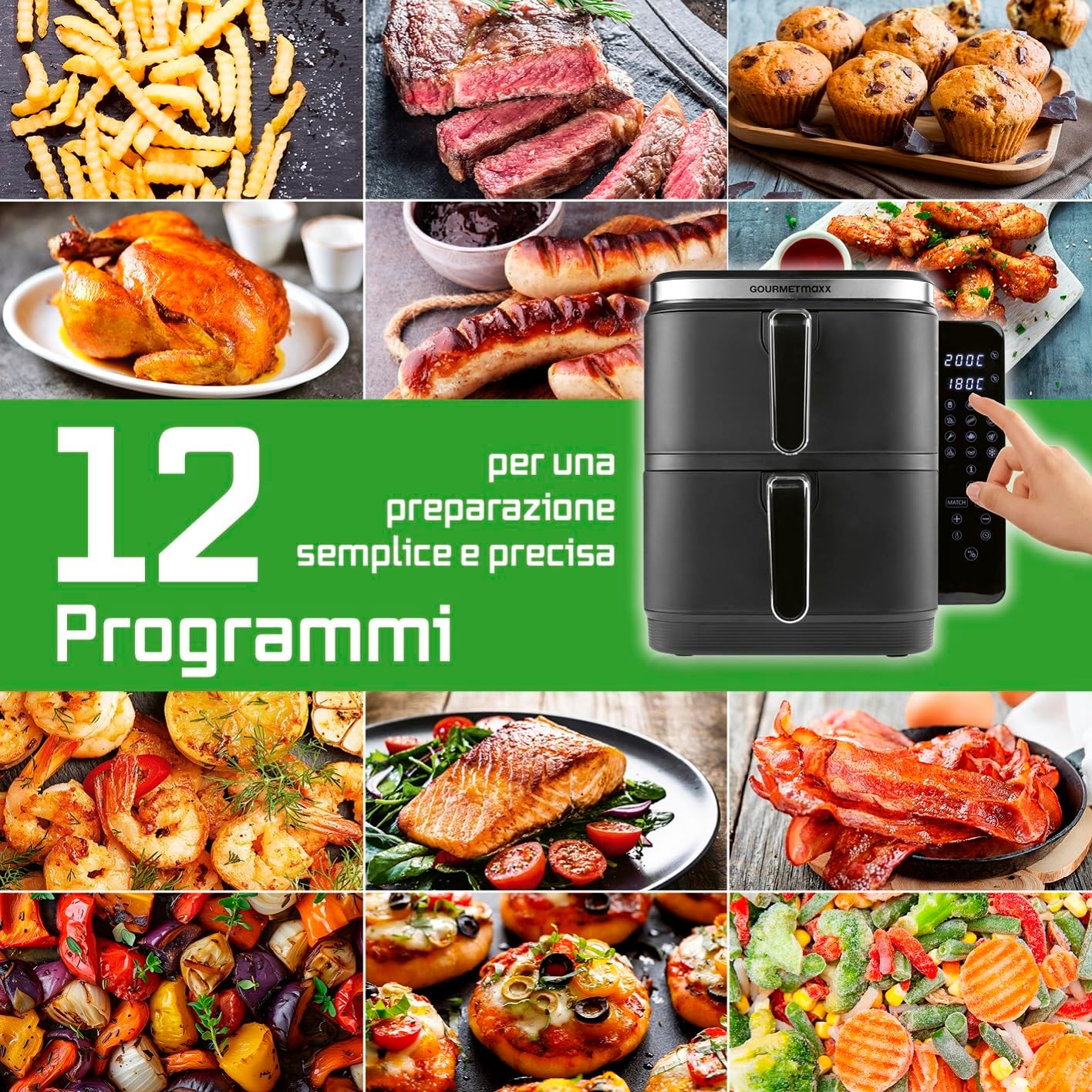 GOURMETmaxx FryUp Friggitrice verticale ad aria calda a doppia camera | Friggitrice 10 litri | 4 piatti su 4 livelli | Display touch richiudibile | 32% in più di risparmio di spazio | Calda 2 camere