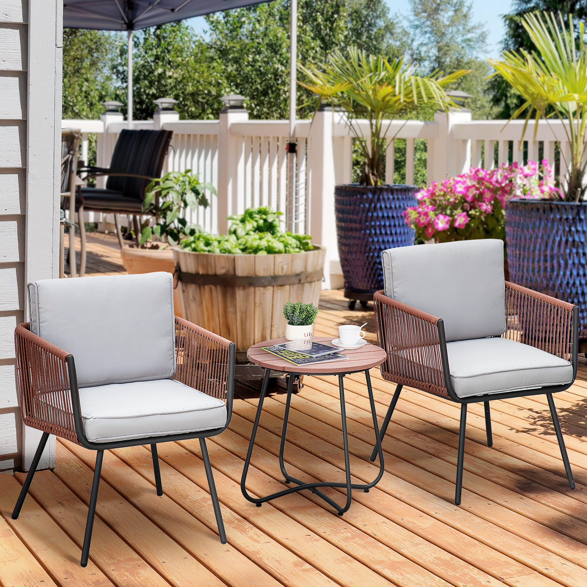 Outsunny Gartenmöbel-Set aus Kunst-Rattan 3-teilig, Stahlrahmen, 2 Sessel + Couchtisch, inkl. Kissen, Teak Grau Orange