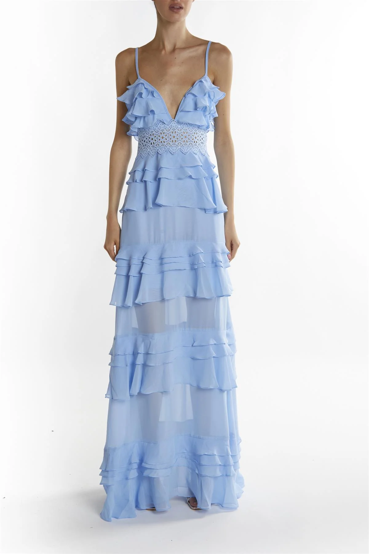 Sky Blue Sophia Plunge Front Tiered Ruffle Maxi Dress