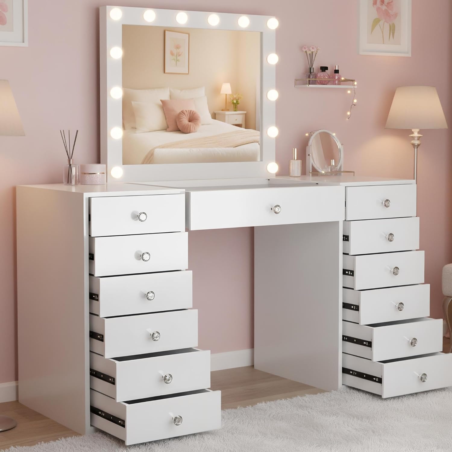 CLP Atalla Makeup Table with Lighting and Mirror, 100 x 80 cm, Hollywood LED Mirror with 3 Light Shades, USB-A and USB-C Sockets, Colour: White