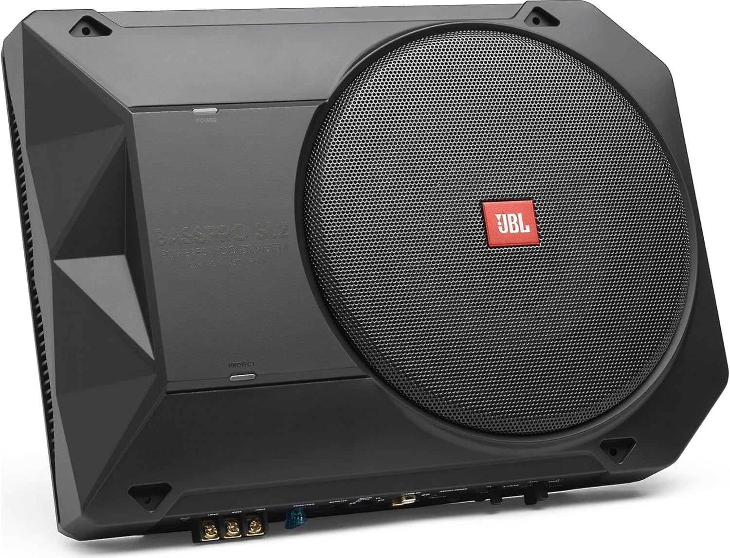 JBL BassPro SL2 Aktiv Subwoofer Auto Set - Car hifi Untersitz Bassbox Gehäuse mit Bassreflex Woofer box groß 200mm und 125 Watt aktiver Verstärker, Schwarz, 44