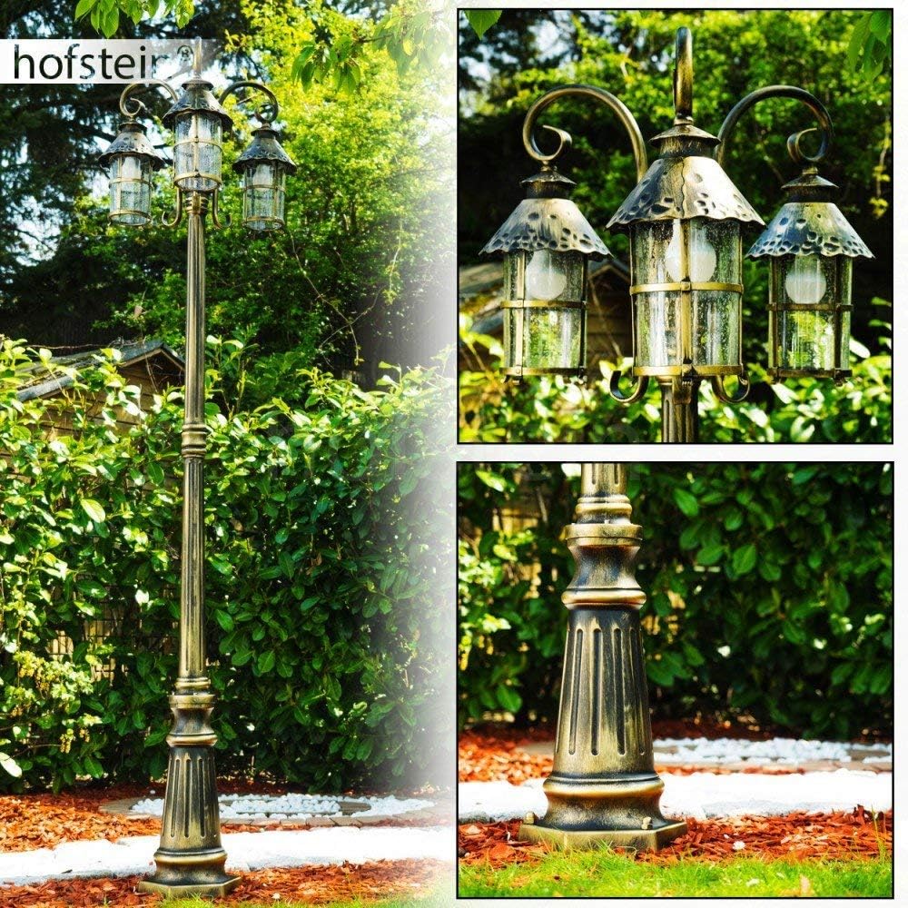 HOFSTEIN Kandelaber Tolep, Außenwegeleuchte aus Metall/Glas in Braun/Gold/Klar, Wegeleuchte im Antik/Retro/Vintage-Design für Garten, Außenbereich, Hof, 220 cm, 3 x E27, IP44