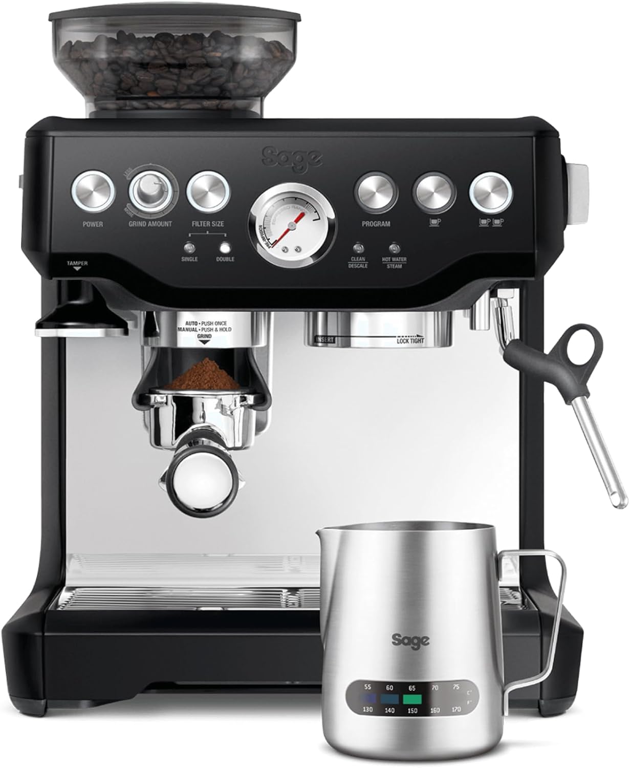 Sage - The Barista Express - Kaffeemaschine mit manuellem Milchaufschäumer & integriertem Mahlwerk - 16 Mahlgradeinstellungen, automatisches Mahlen, individueller Milchschaum - Schwarzer Trüffel