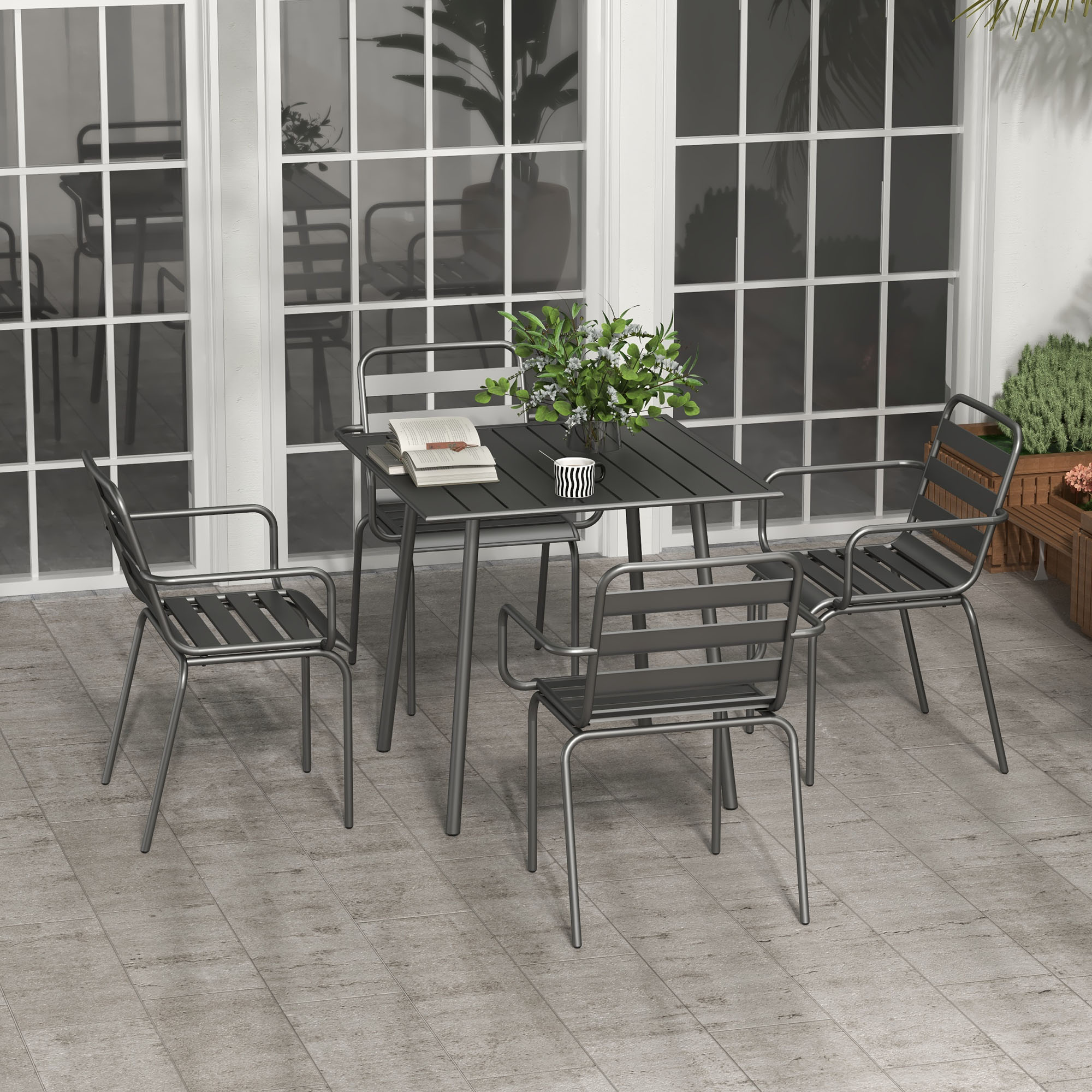 Outsunny Gartenmöbelset 5-teilig mit 1 Tisch und 4 stapelbaren Stühlen aus grauem Stahl