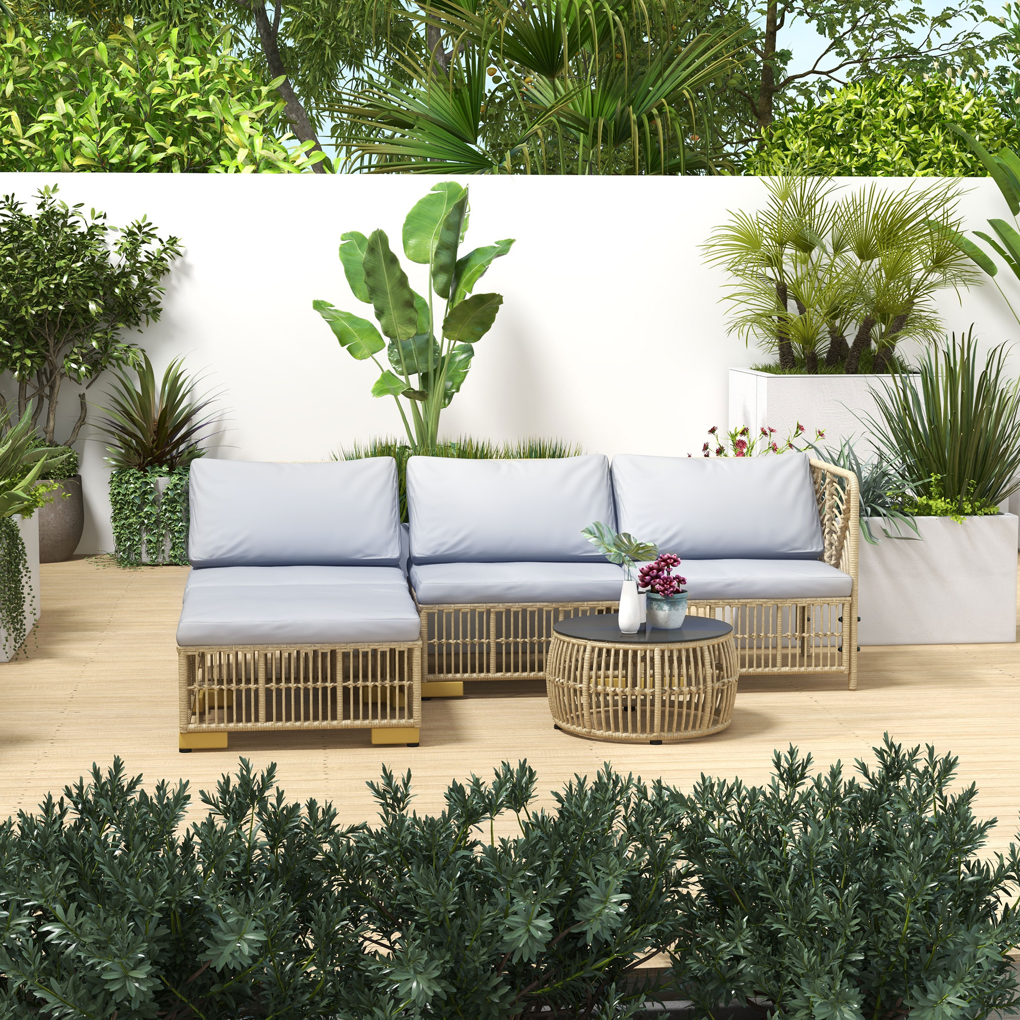 Tuinset, 5-delig, inclusief zitkussen, kunstrotan, roestvrijstalen frame, lichtgrijs