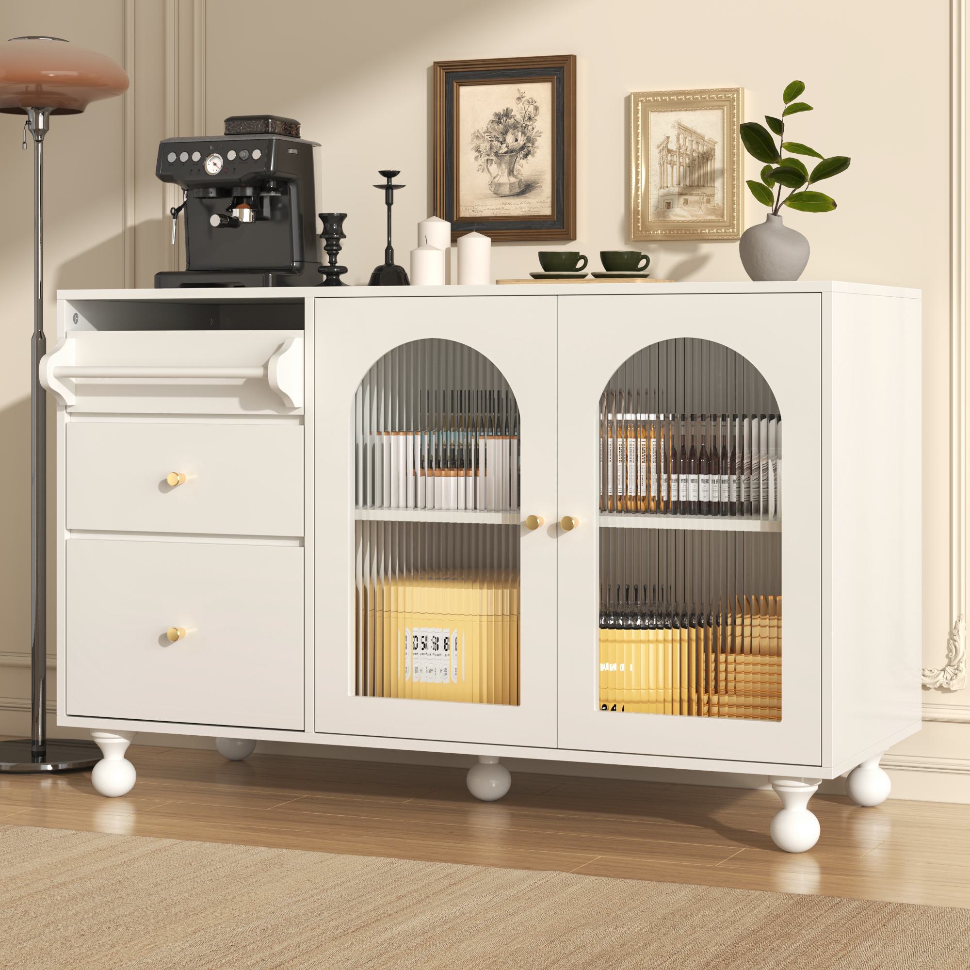 Weißes Sideboard mit Handtuchhalter, multifunktionaler Aufbewahrungsschrank für Esszimmer und Küche, 120×40×75,5 cm, Weiß