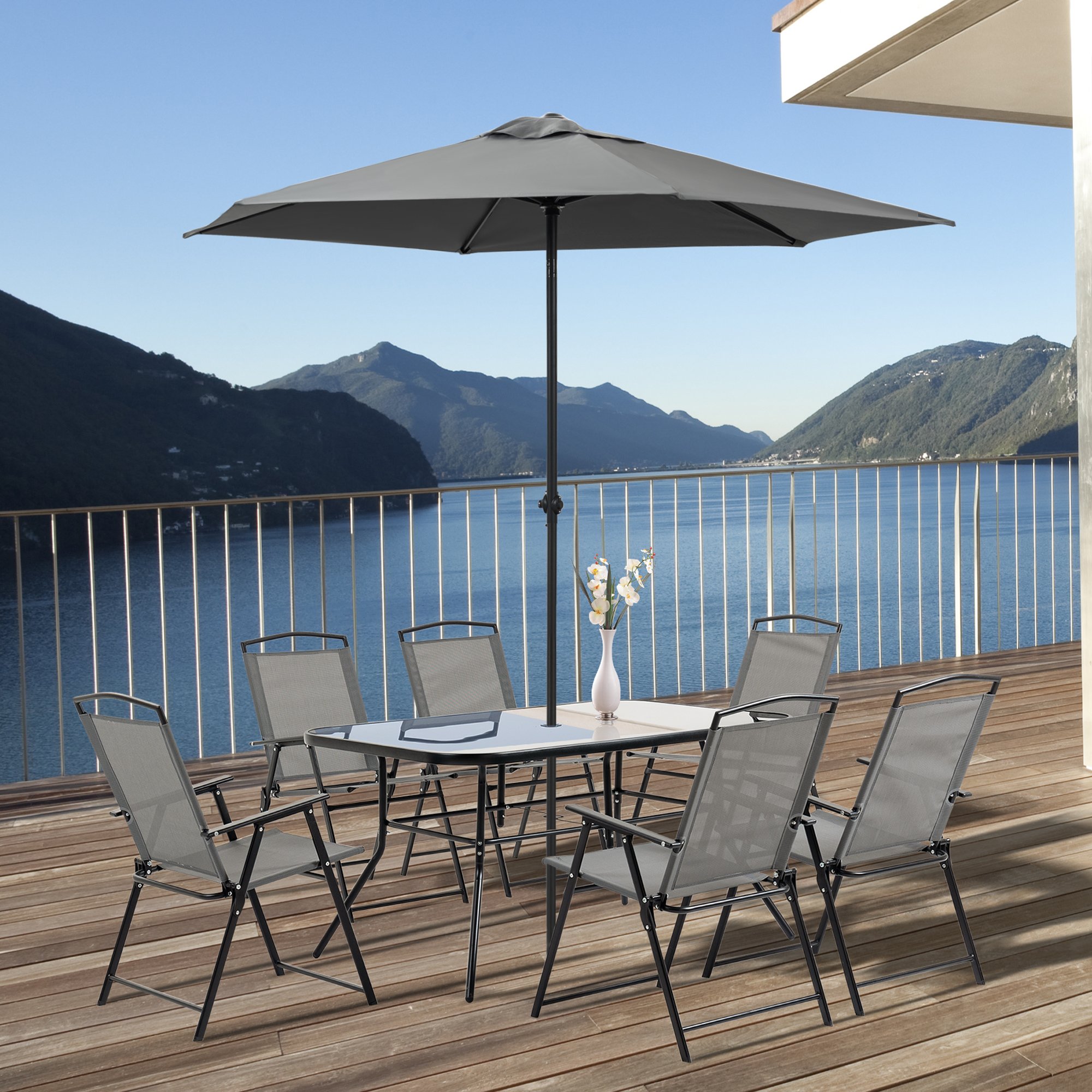 Outsunny Gartenmöbel-Set 8-teilig mit großem Sonnenschirm, Tisch Abm. 140L x 90B x 70H cm und Klappstühlen für 6 Personen - Epoxidharzstahl Textilen Polyester Grau