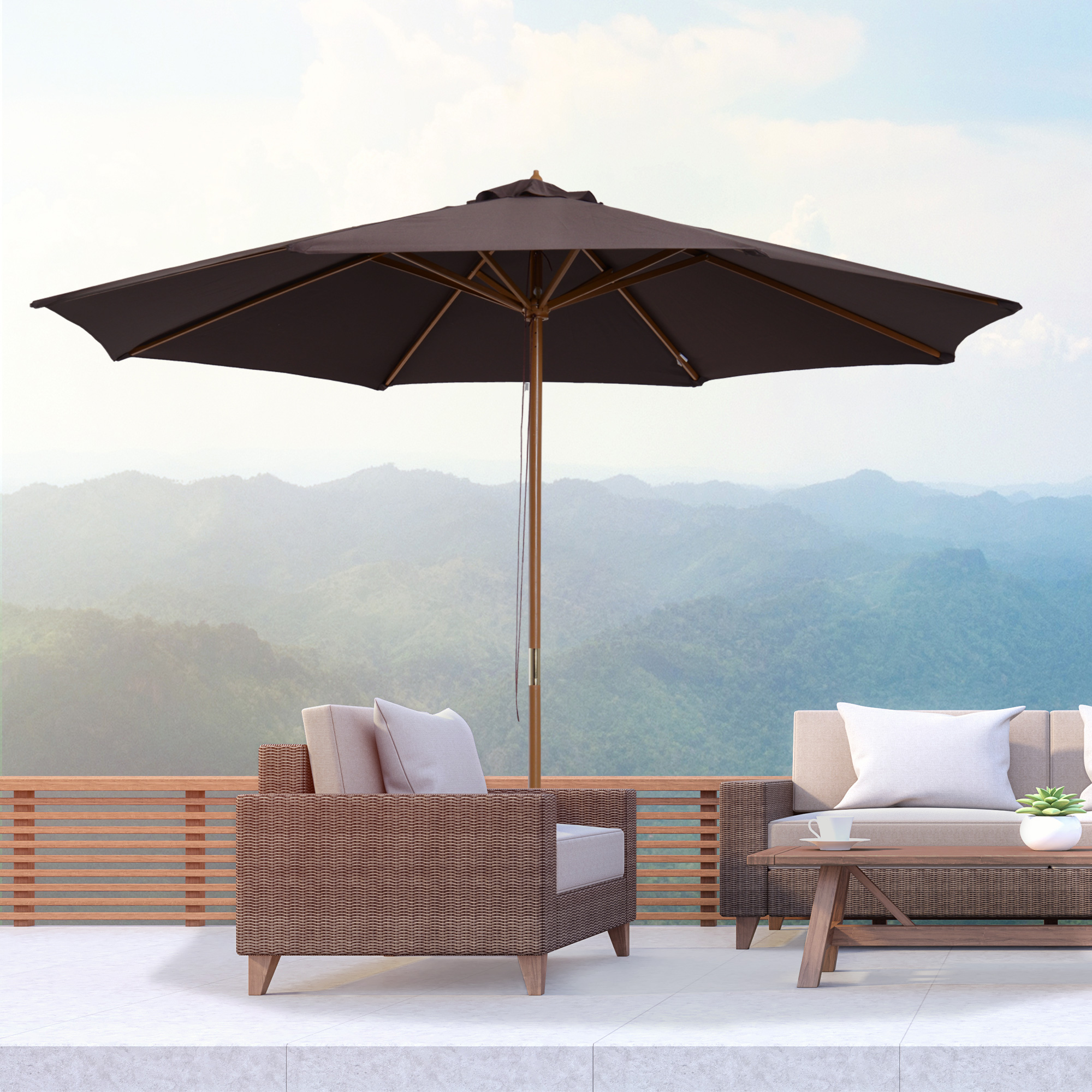 Outsunny Sonnenschirm gerade Garten Sonnenschirm mit Doppeldach aus Holz, hochdichtem Polyester, Sonnenschutz Ø 3 x 2,5 m Schokolade